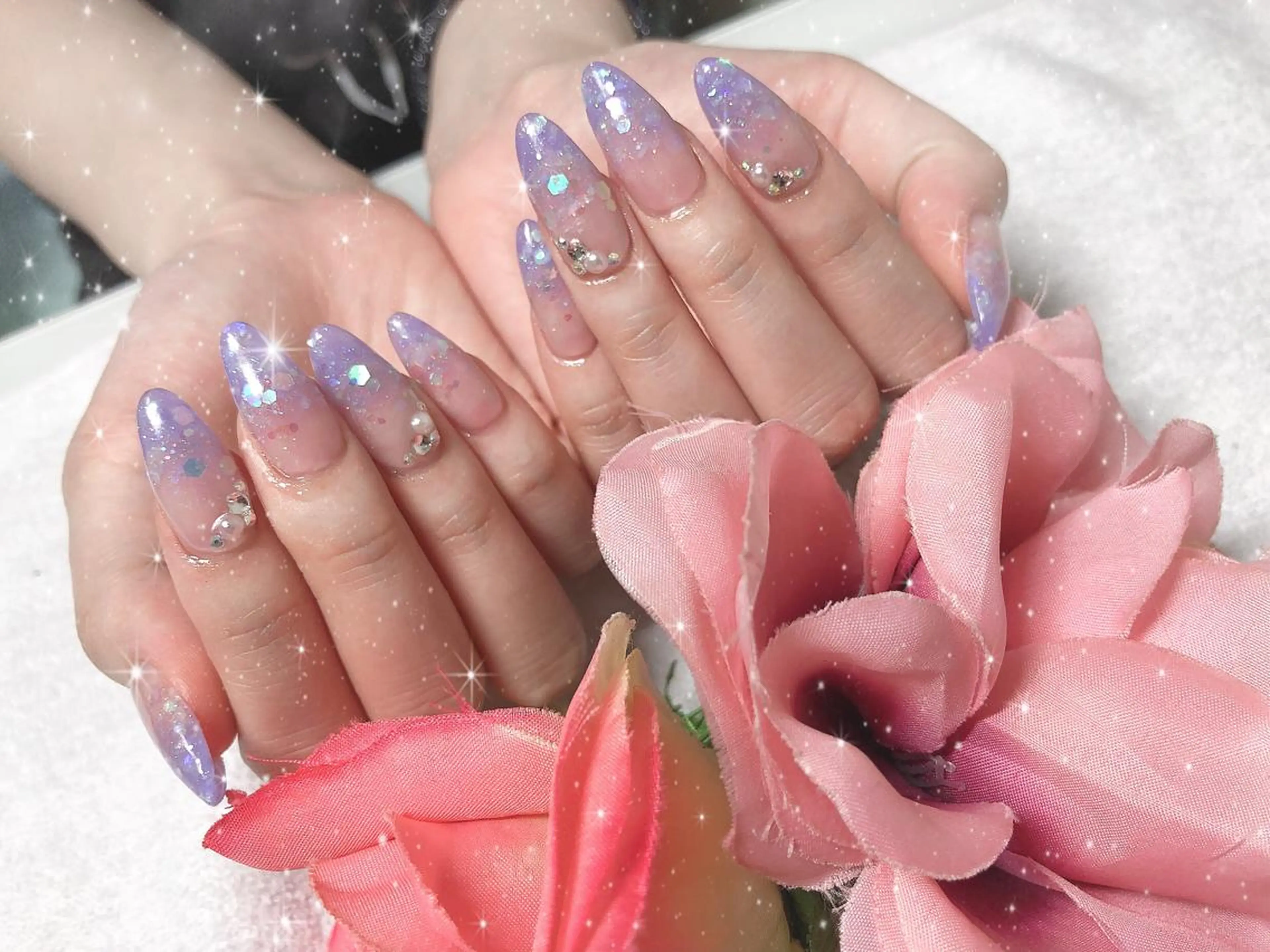 ミディアム ネイル ストーンネイル ハンドネイル 《LB》ラブリエ Nail&eyeのマツエク・マツパデザイン