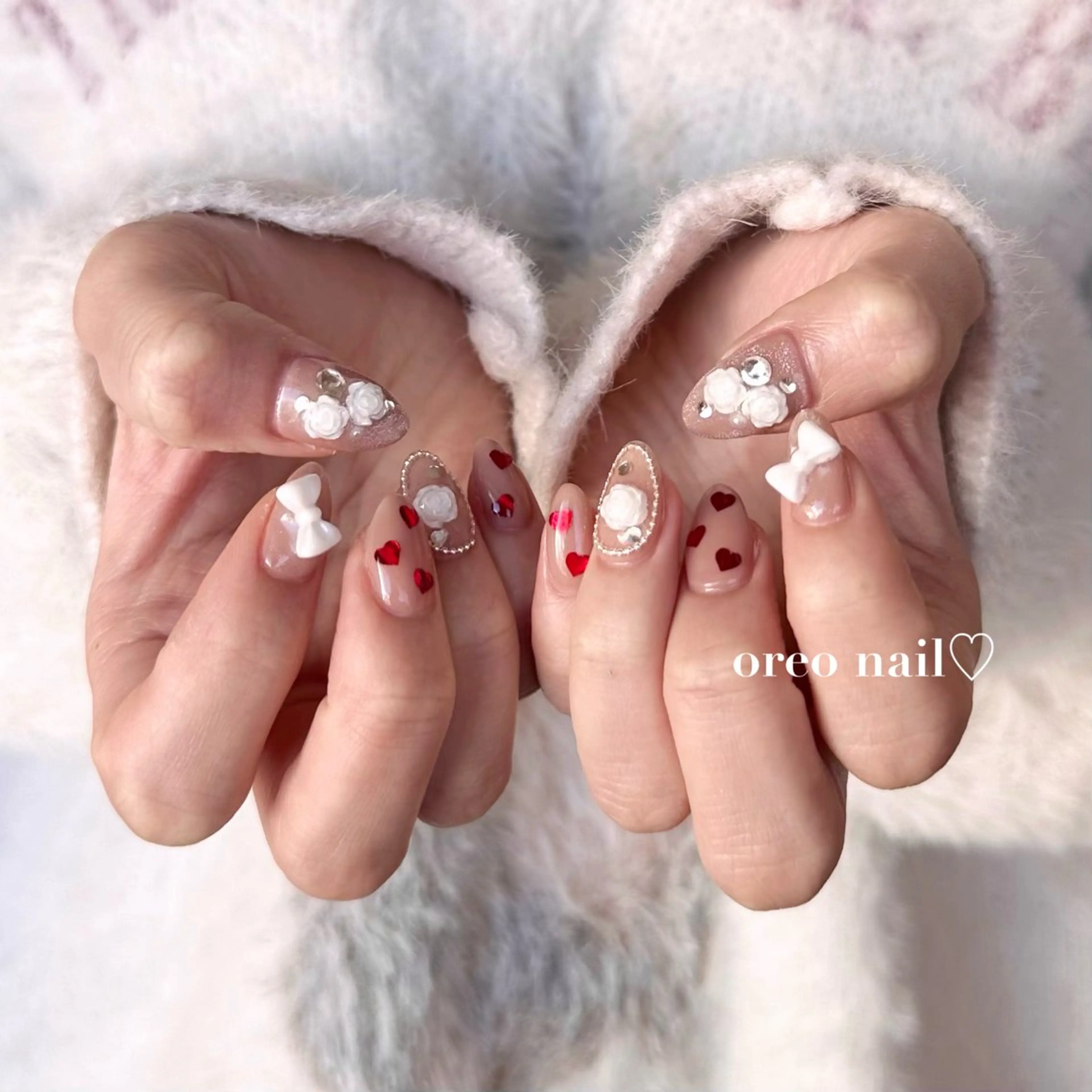 ネイル フレンチネイル ガーリー ハート リボン oreo salon miyu 池袋のネイルデザイン