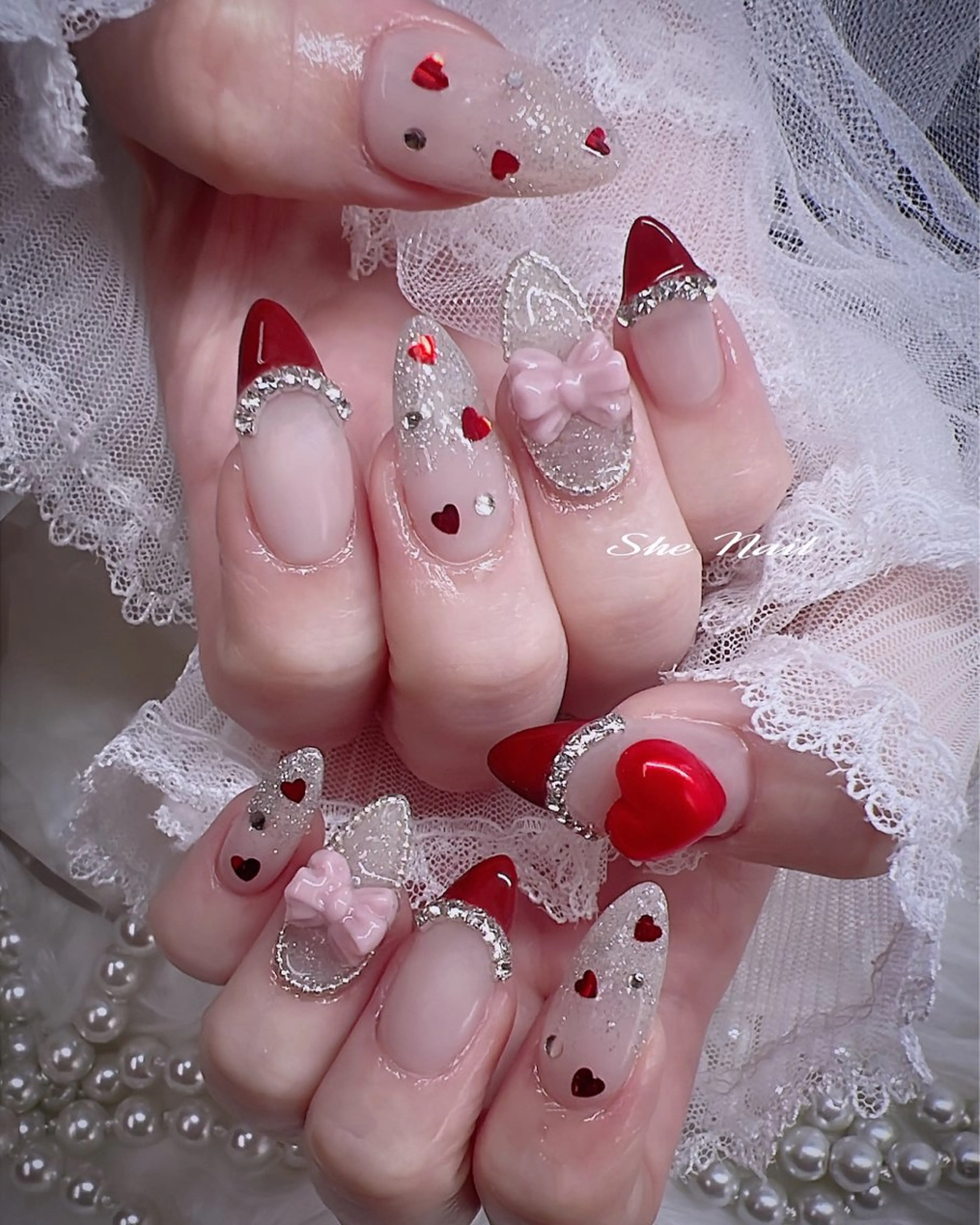 ネイル チークネイル 長さ出し フレンチネイル ガラスフレンチ マグネットネイル She   Nail所属・ISA_ BELLAのネイルデザイン