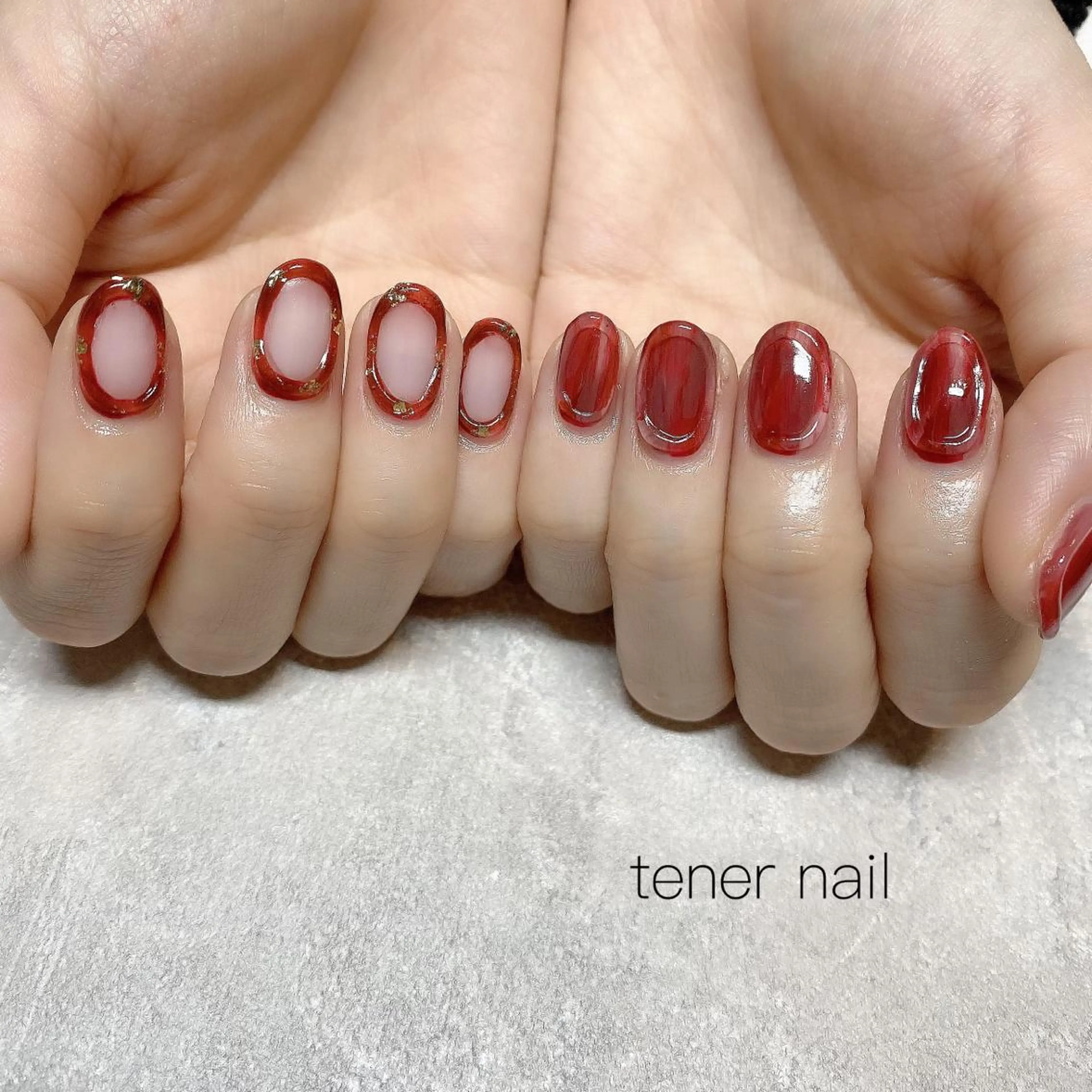 ネイル べっ甲ネイル ニュアンスネイル 赤色 テネルネイル tener nailのネイルデザイン