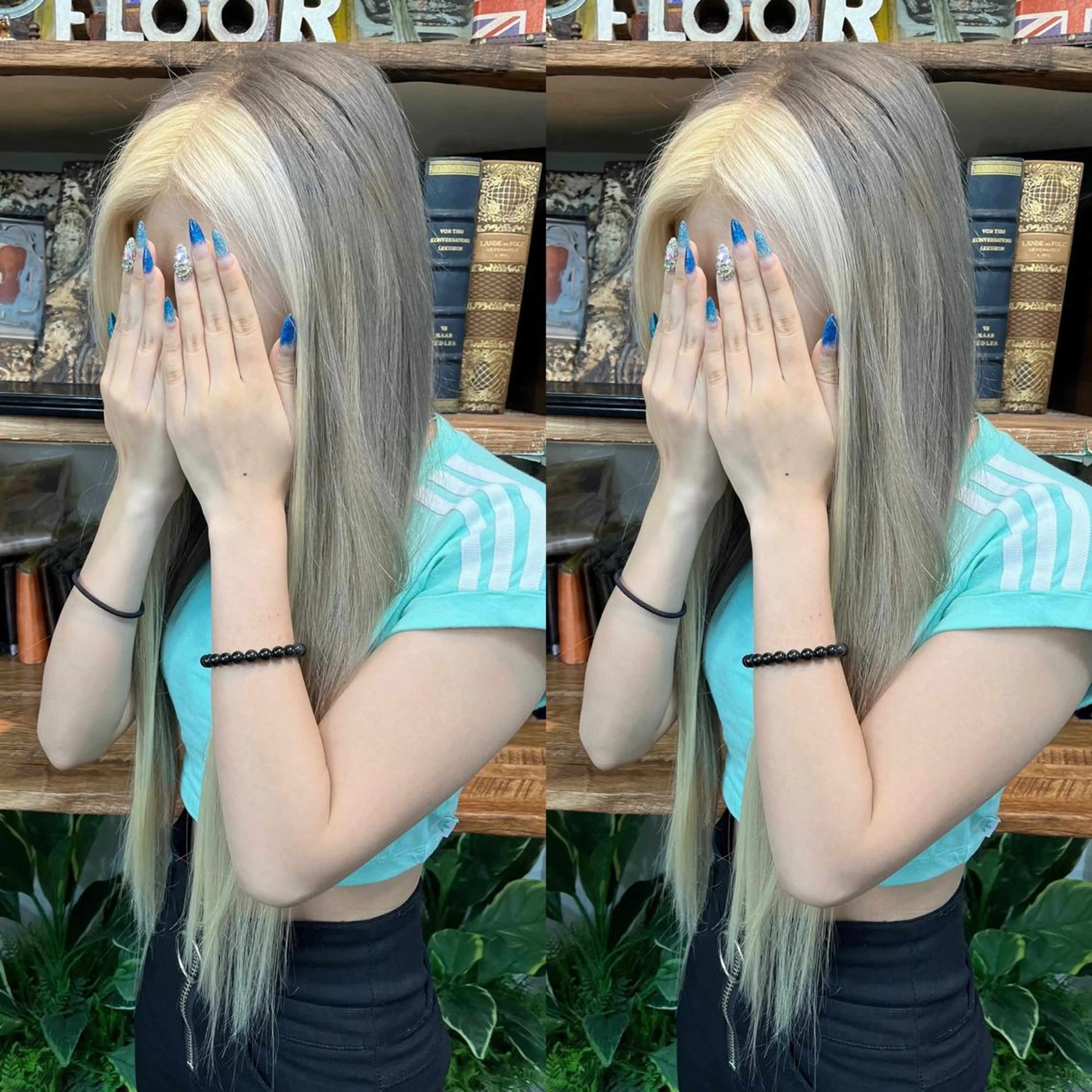 ロング カラー 編み込みエクステ シールエクステ バレイヤージュ ブリーチ ブロンド モモカ/ハイトーン /バレイヤージュのヘアスタイル