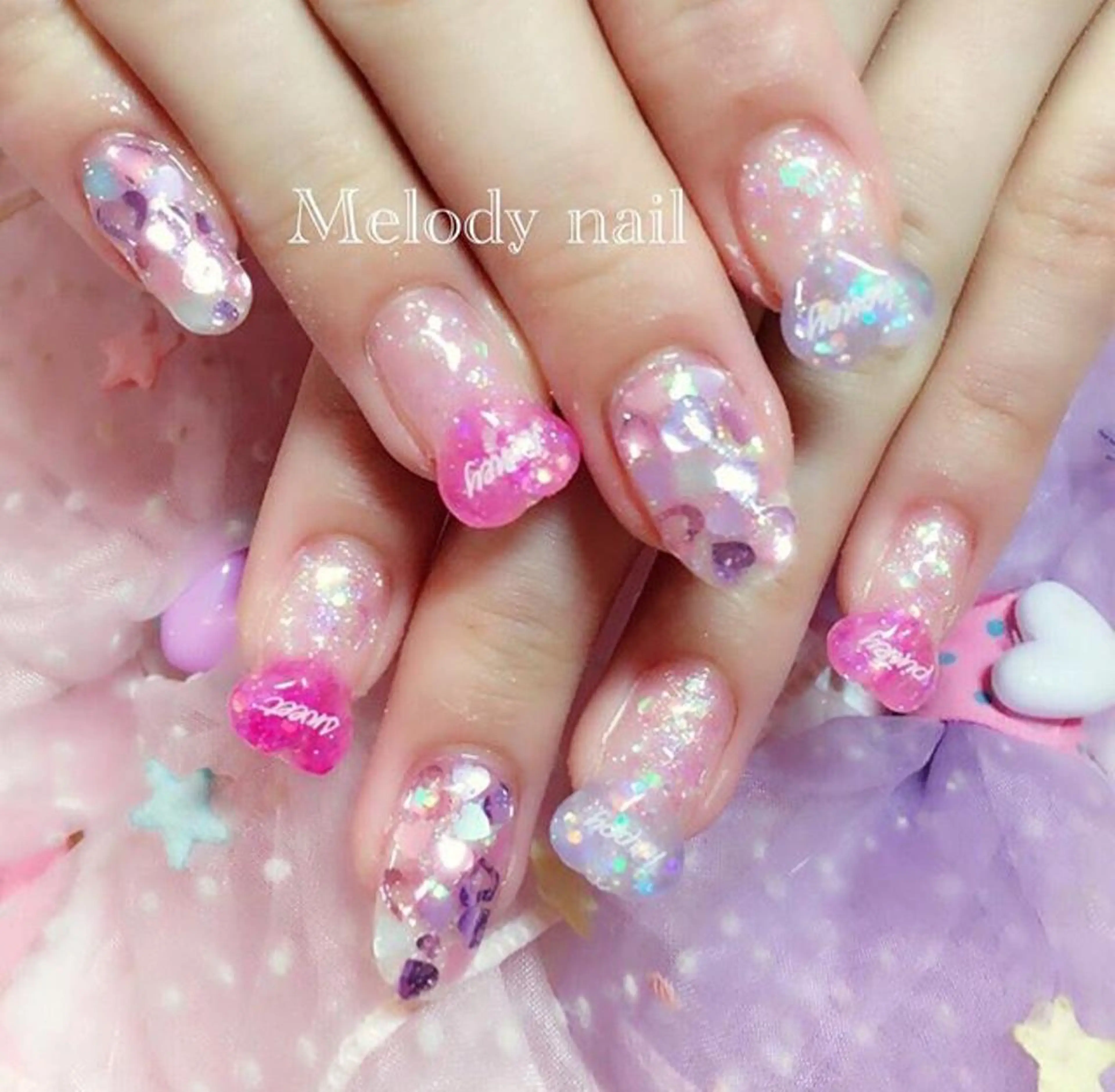 ネイル クリアネイル ハート キラキラネイル スカルプネイル Melodynail所属・Melody nailのネイルデザイン