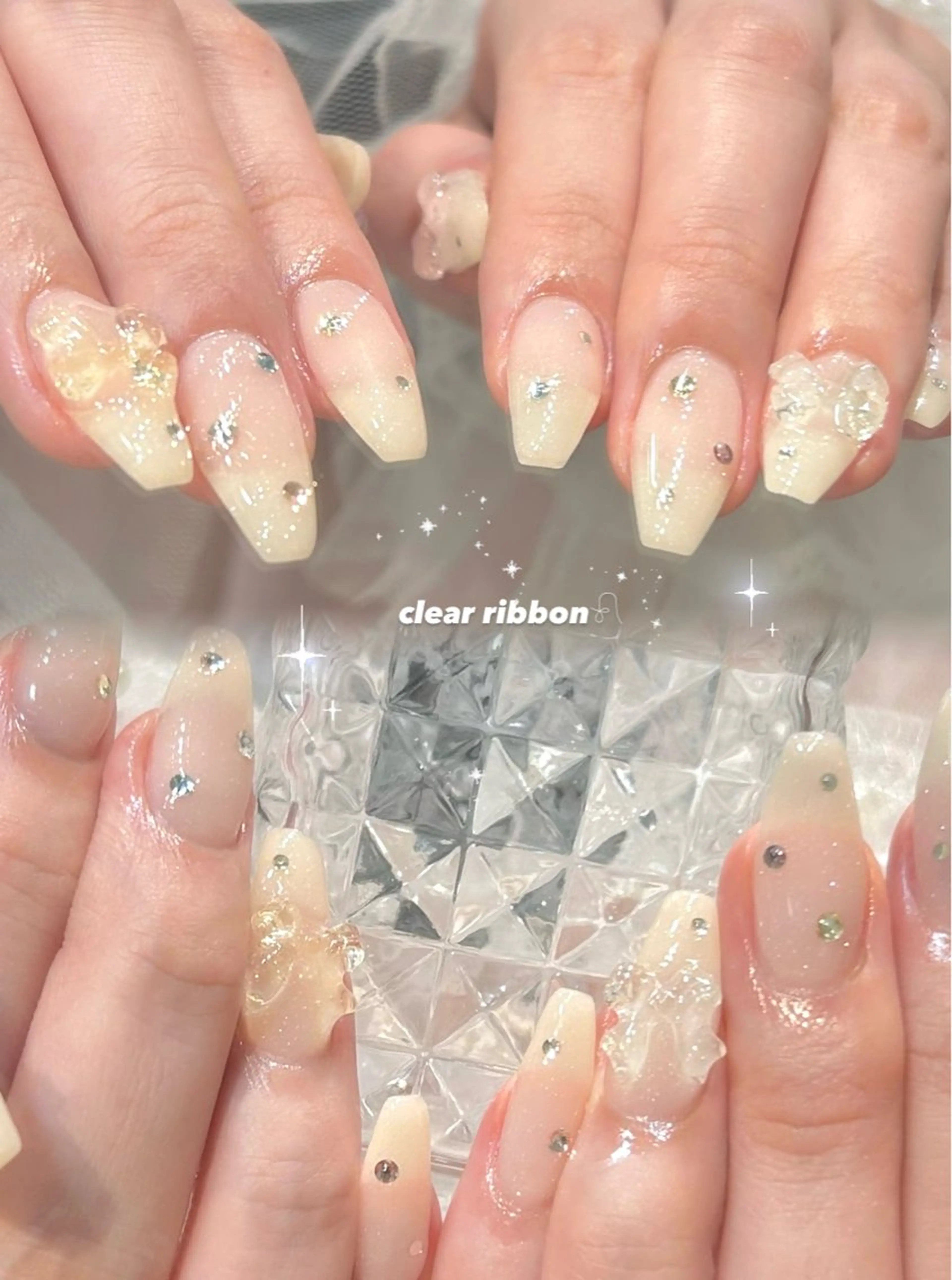 ネイル クリアネイル ストーンネイル ハンドネイル 🎀チーク/ちゅるん 🫧chisa🎀のネイルデザイン