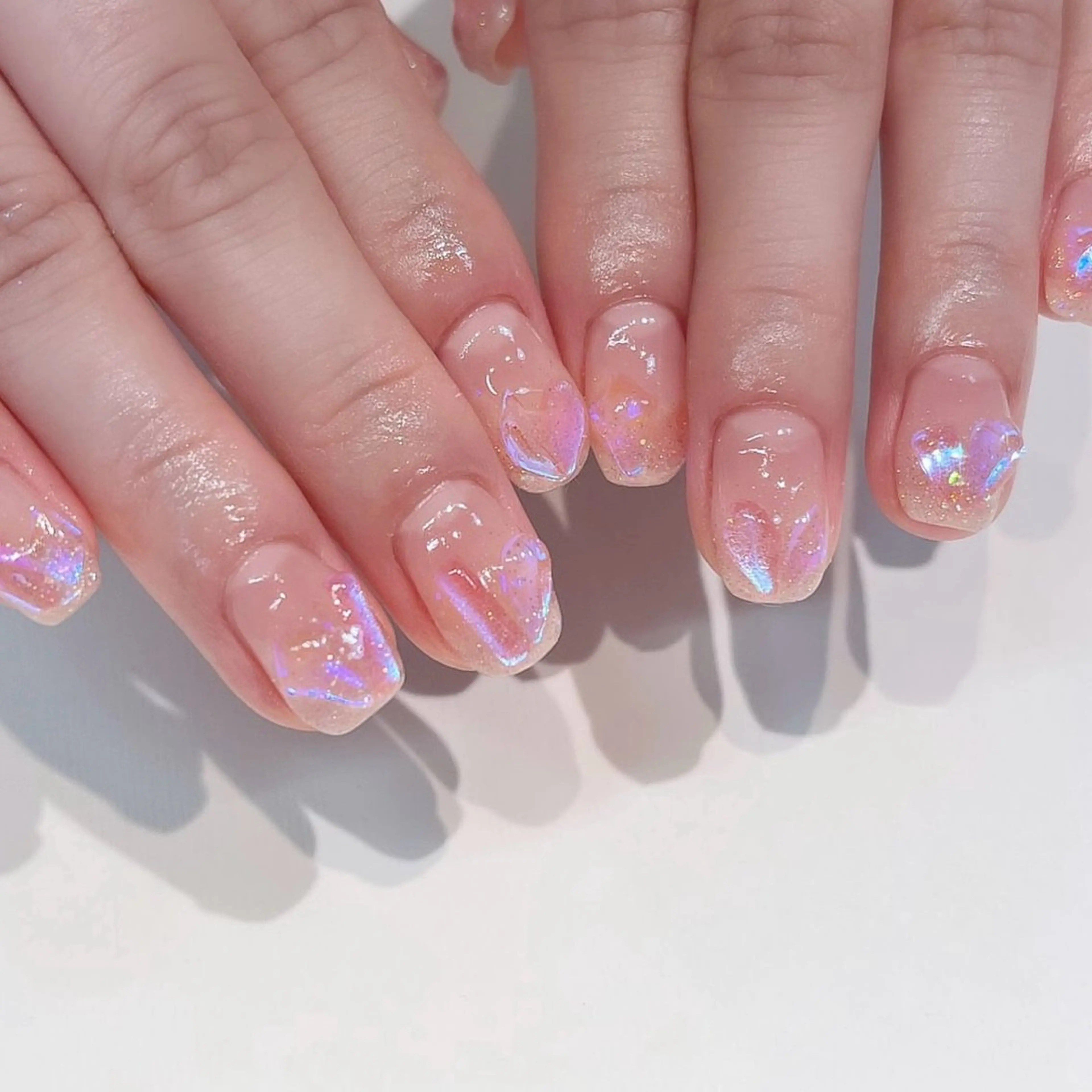 ネイル オーロラネイル 長さ出し フレンチネイル ジェルネイル ガラスフレンチ ハンドネイル Rela・S NAILのネイルデザイン