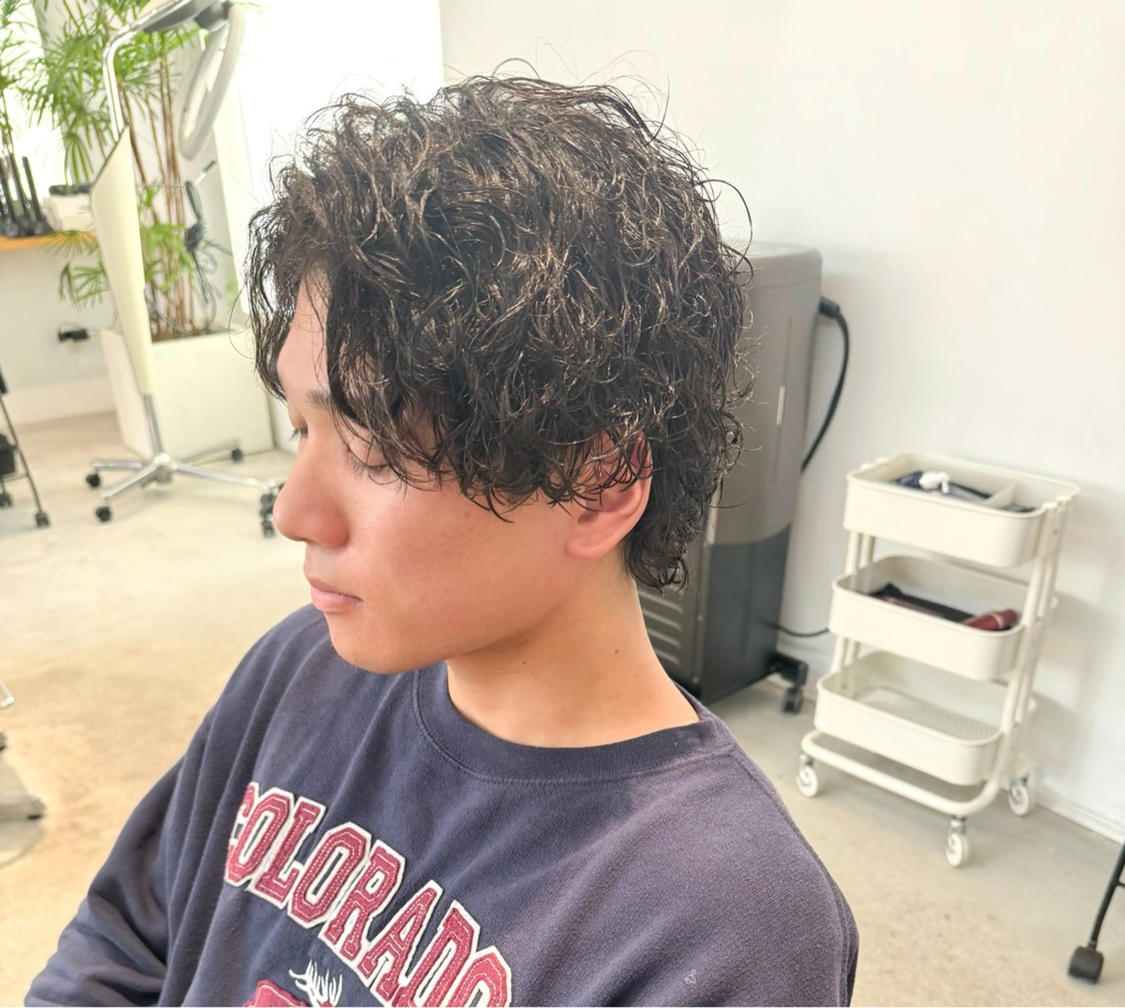 ミディアム パーマ メンズ ミディアムパーマ センターパート メンズパーマ メンズウルフカット ウルフカット 服部 雄輝のヘアスタイル