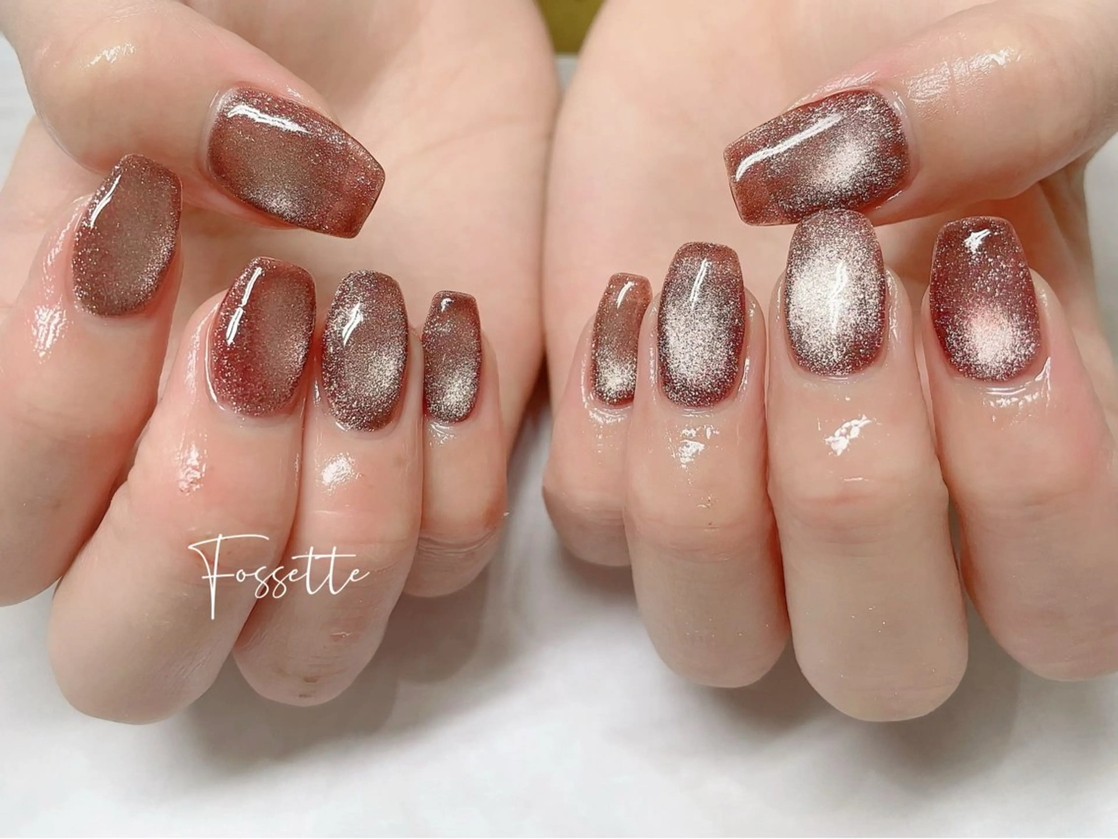 ネイル ブラウン キラキラネイル マグネットネイル ハンドネイル nailsalon Fossetteのネイルデザイン