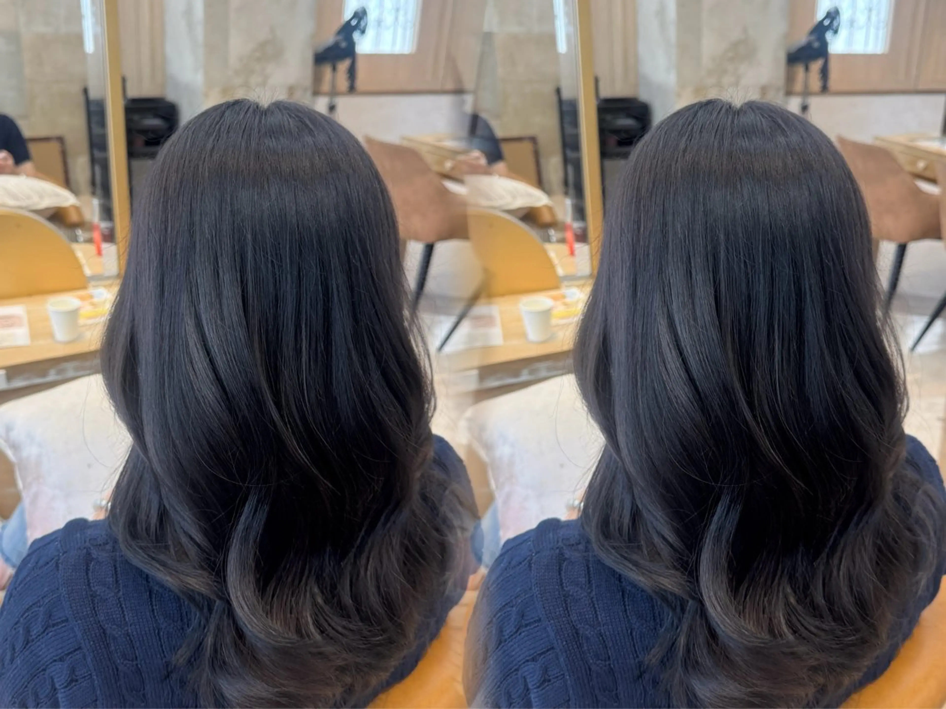 セミロング カラー 黒髪 ブルーカラー ブルーブラック 橋本 りくのヘアスタイル