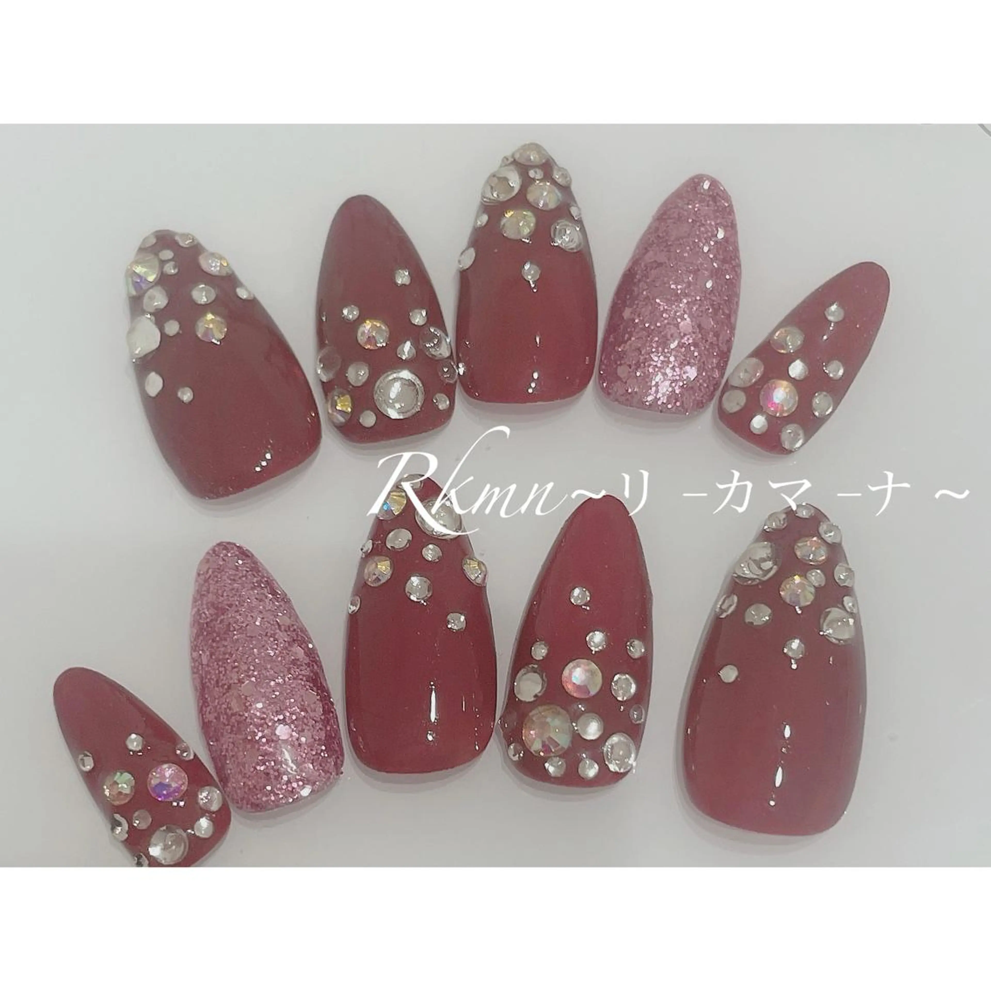 ネイル アートネイル ボルドー ラメ(グリッター) ピンク 春ネイル ハンドネイル フットネイル ハンドケア Rkmn ~リ-カマ-ナ~のネイルデザイン