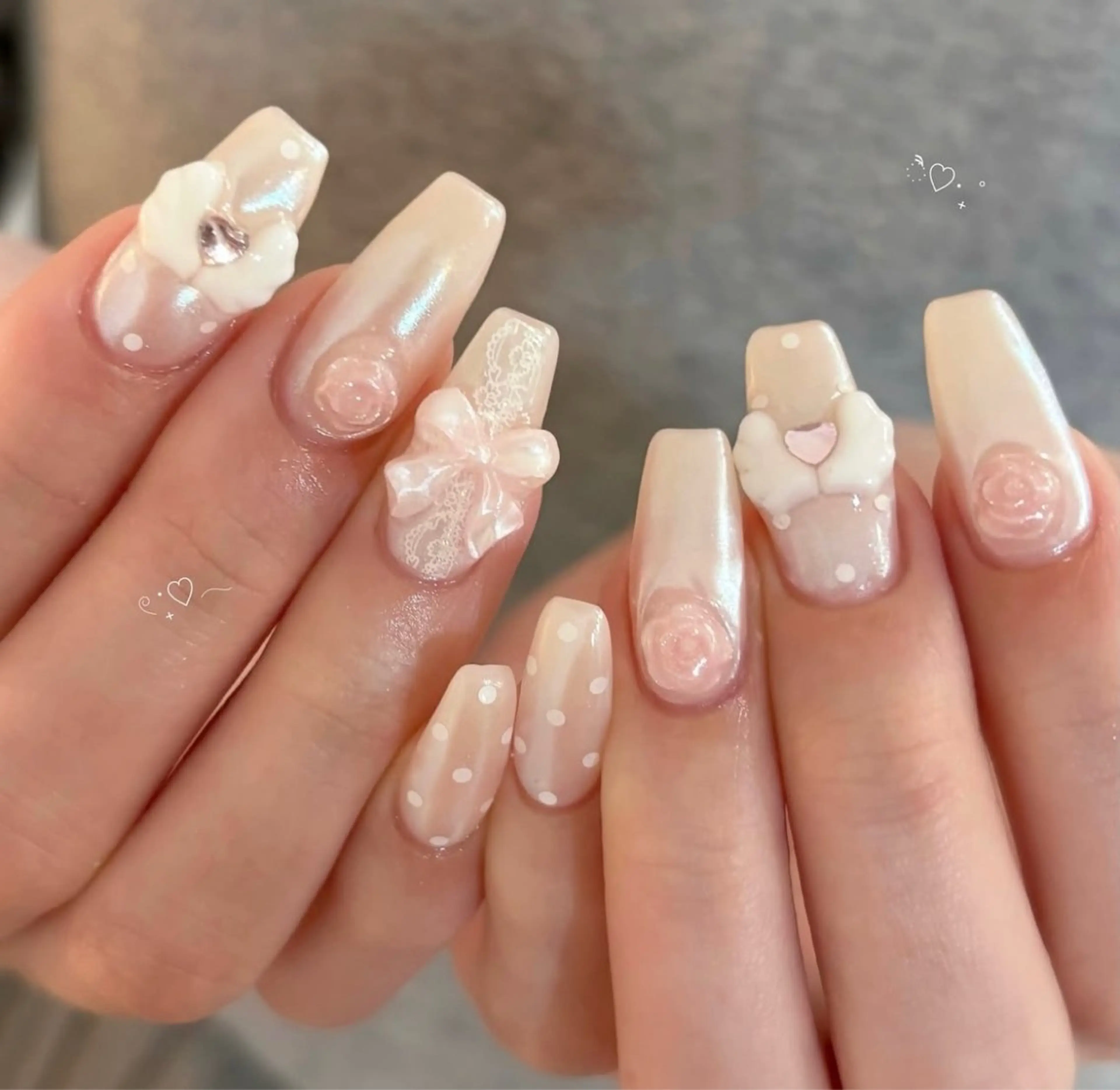 ネイル アートネイル ガーリー ハート 氷ネイル・うるうるネイル レース ハンドネイル BERA NAILSのネイルデザイン