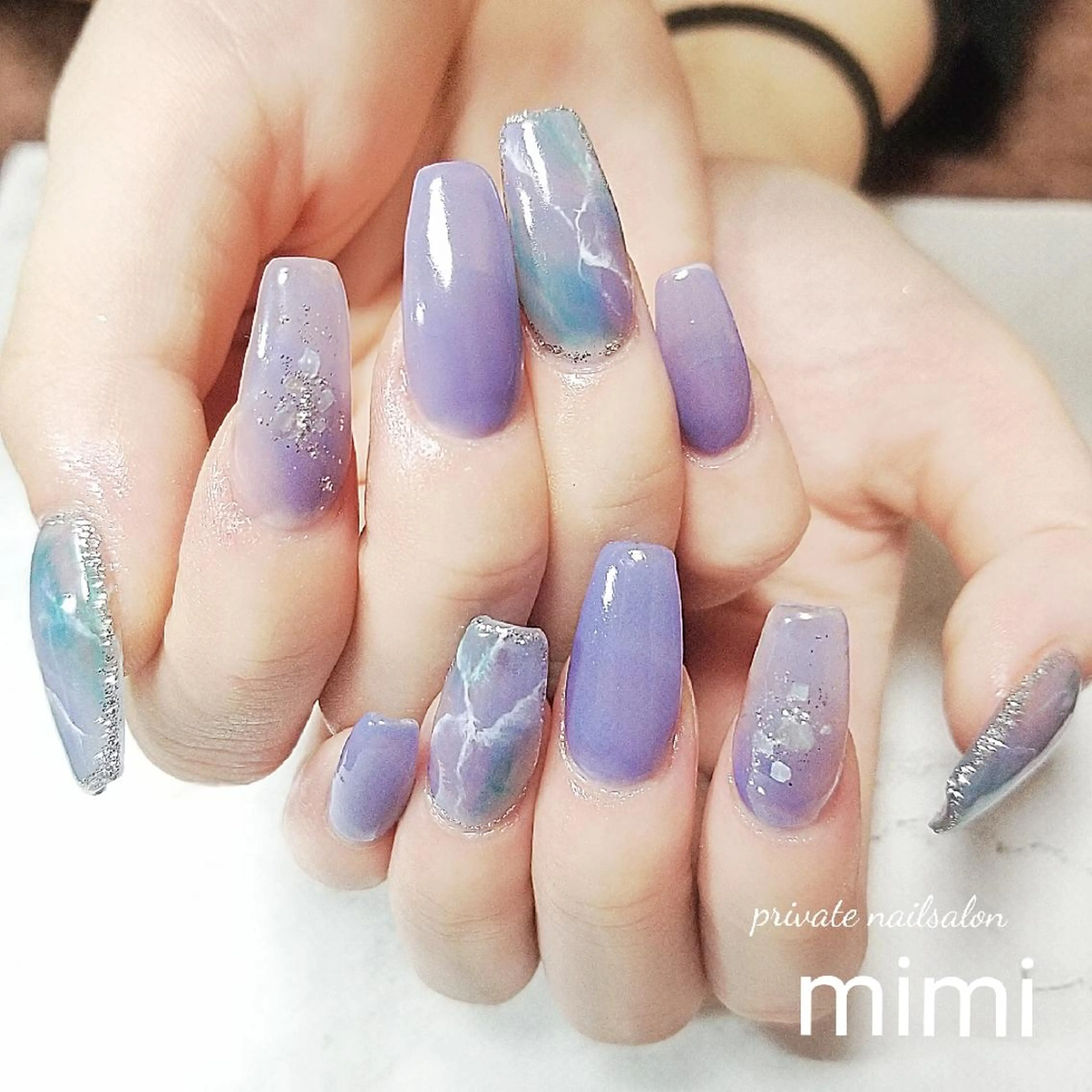 ネイル 大理石ネイル(マーブル) パープル ハンドネイル 博多ネイル ｍｉｍｉのネイルデザイン