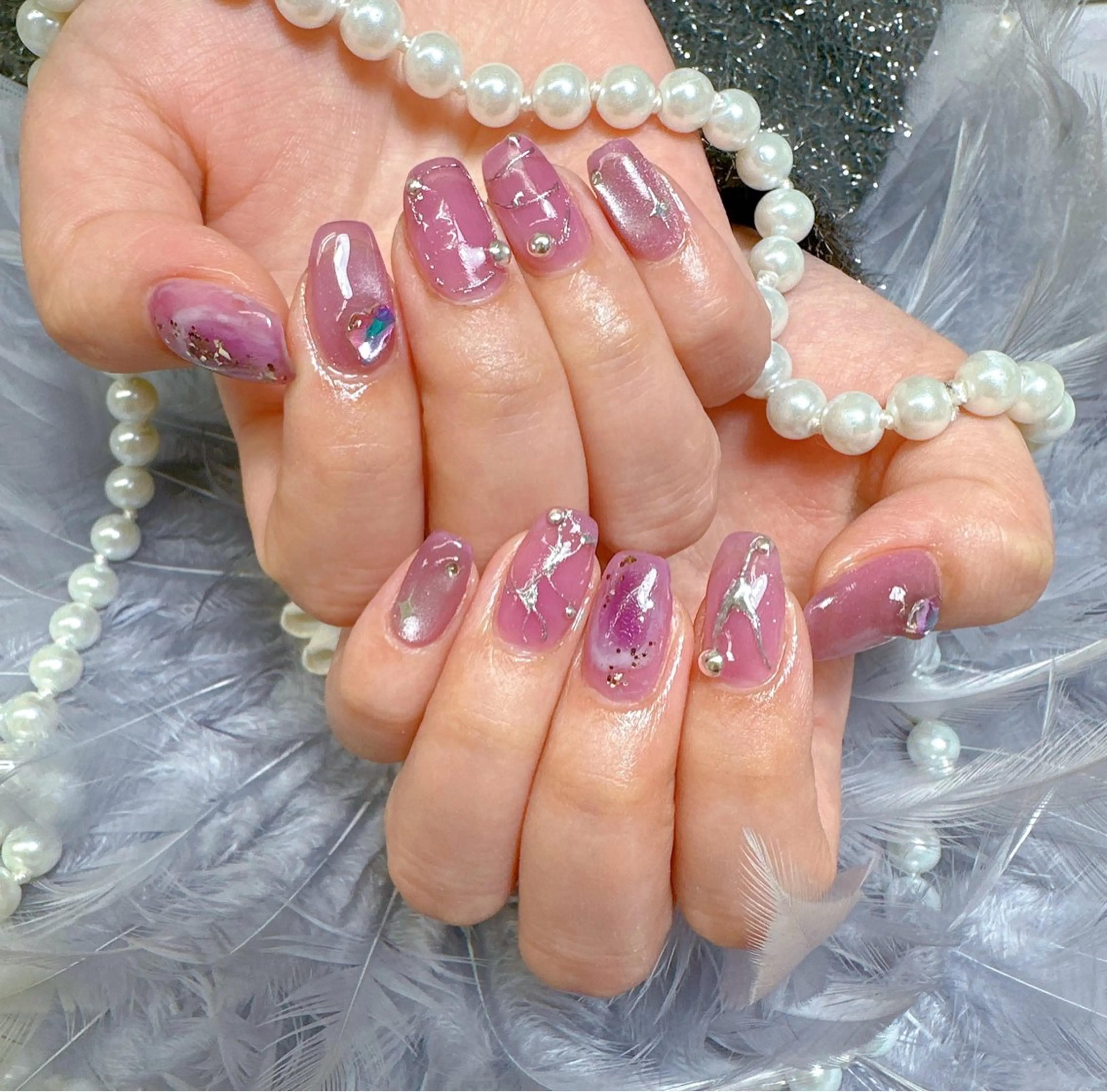 ネイル アートネイル 大理石ネイル(マーブル) ミラーネイル 持ち込み ハンドネイル Pretty Nail Salonのネイルデザイン