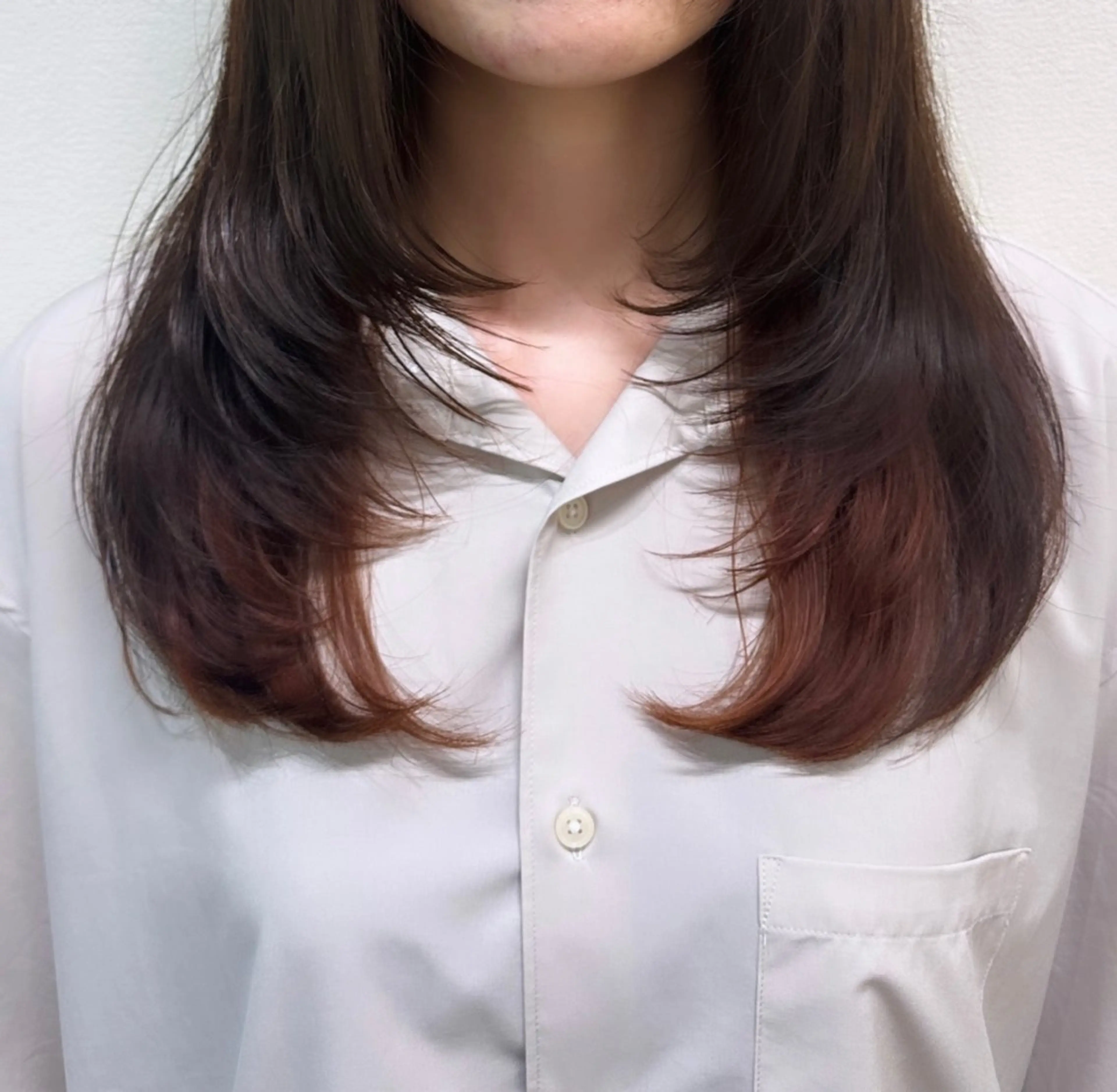 セミロング カラー ヘアアレンジ ブラウンカラー インナーカラー オレンジ オレンジブラウン レイヤーカット 🇰🇷韓国ｽﾀｲﾙ ﾚｲﾔｰ/ayanaのヘアスタイル