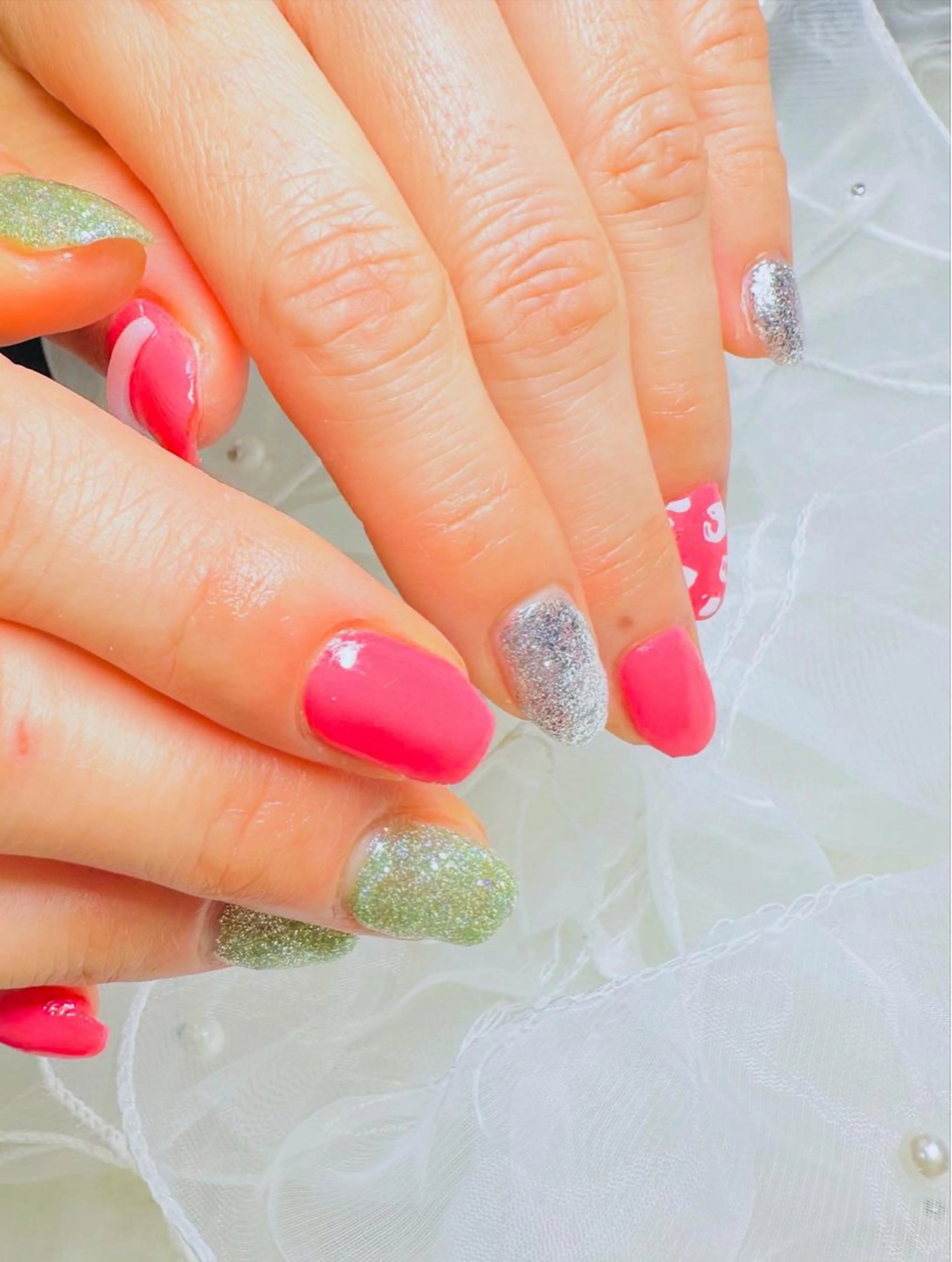 ネイル グリーン ラメ(グリッター) ハンドネイル 田端 笑理菜のネイルデザイン