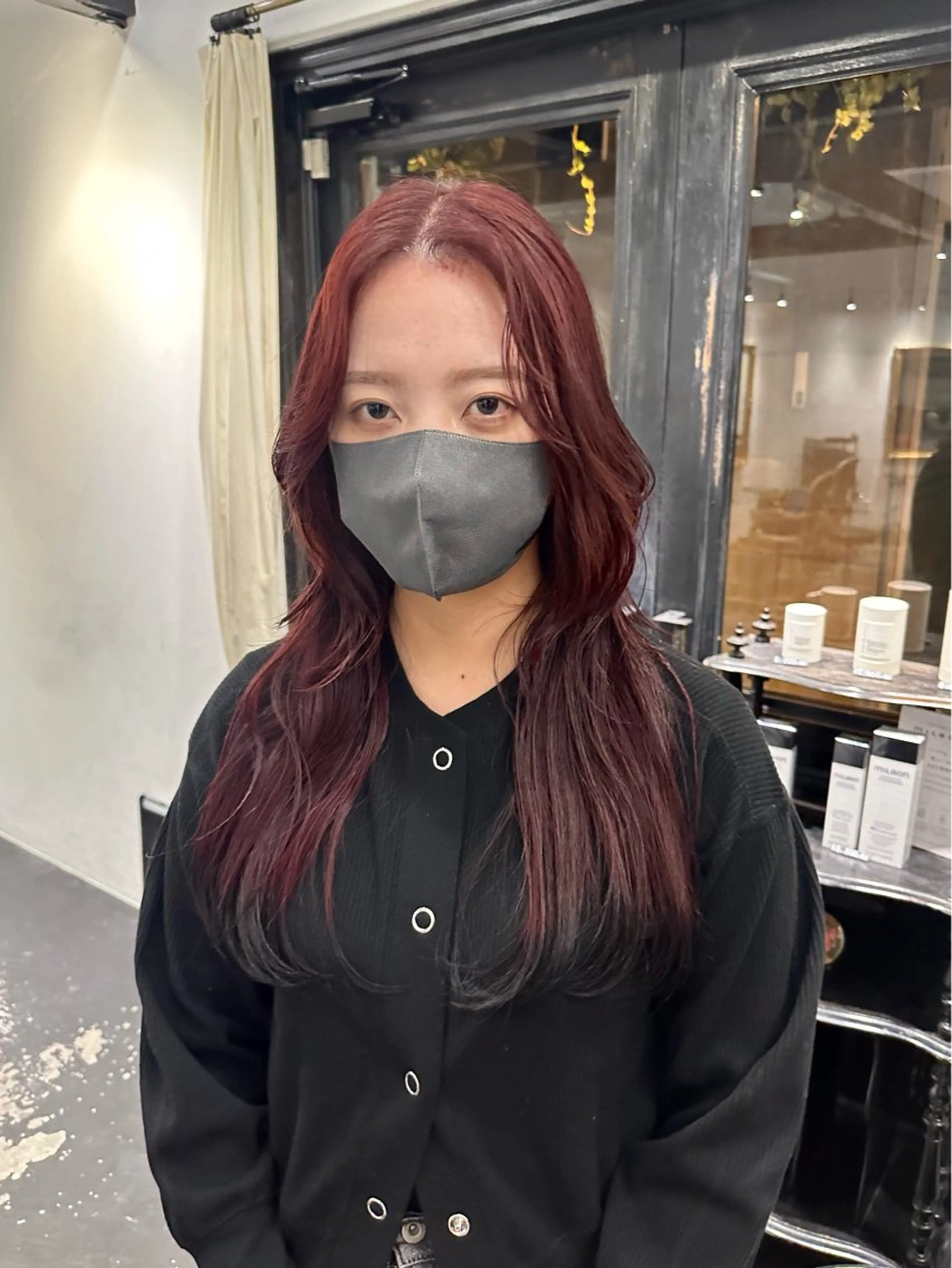 セミロング カラー 黒髪 ブリーチ ボルドーカラー ブリーチなしカラー ヘアカラー トリートメント ブリーチ/ベージュ /natsumiのヘアスタイル