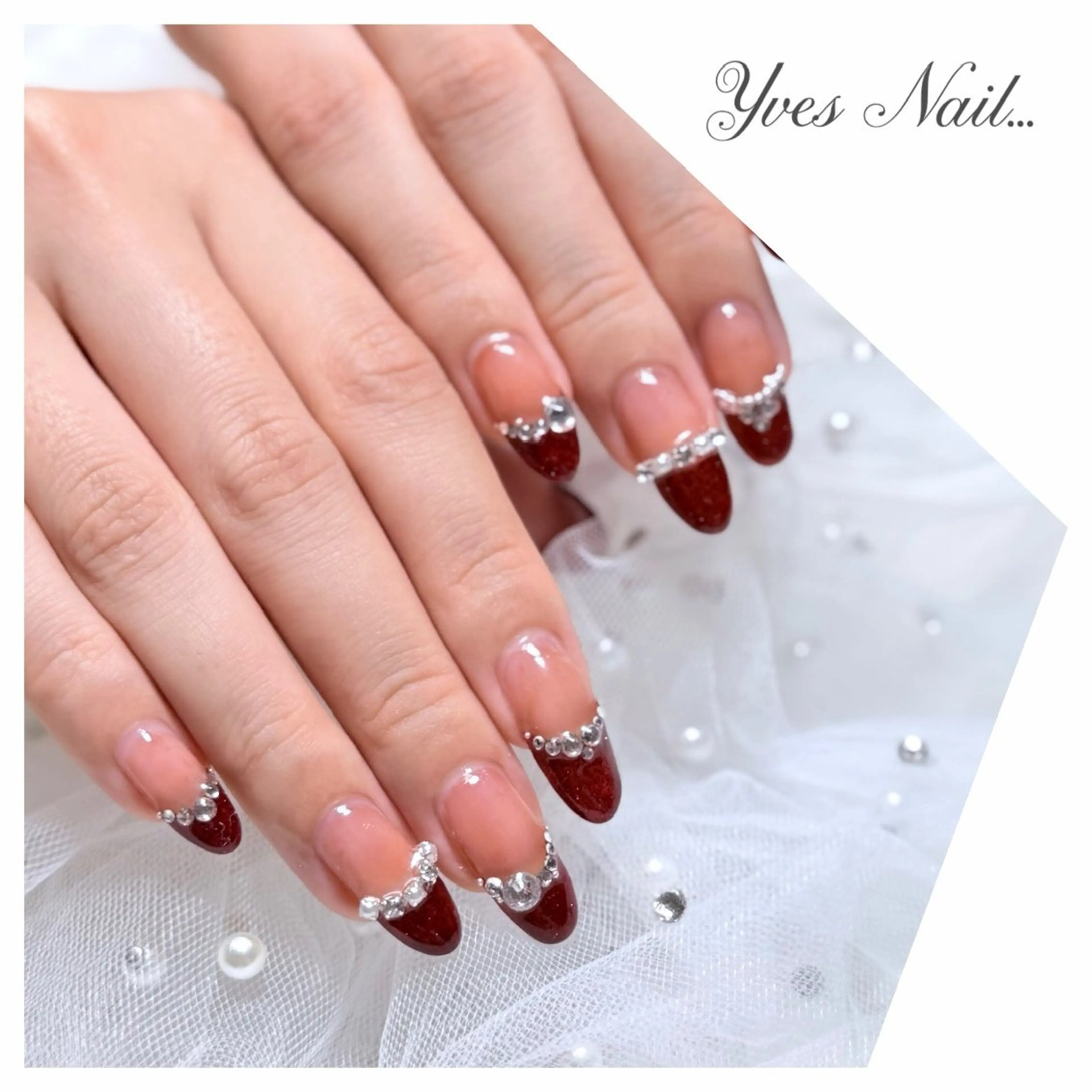 ネイル ボルドー フレンチネイル ストーンネイル ハンドネイル kanno yのネイルデザイン