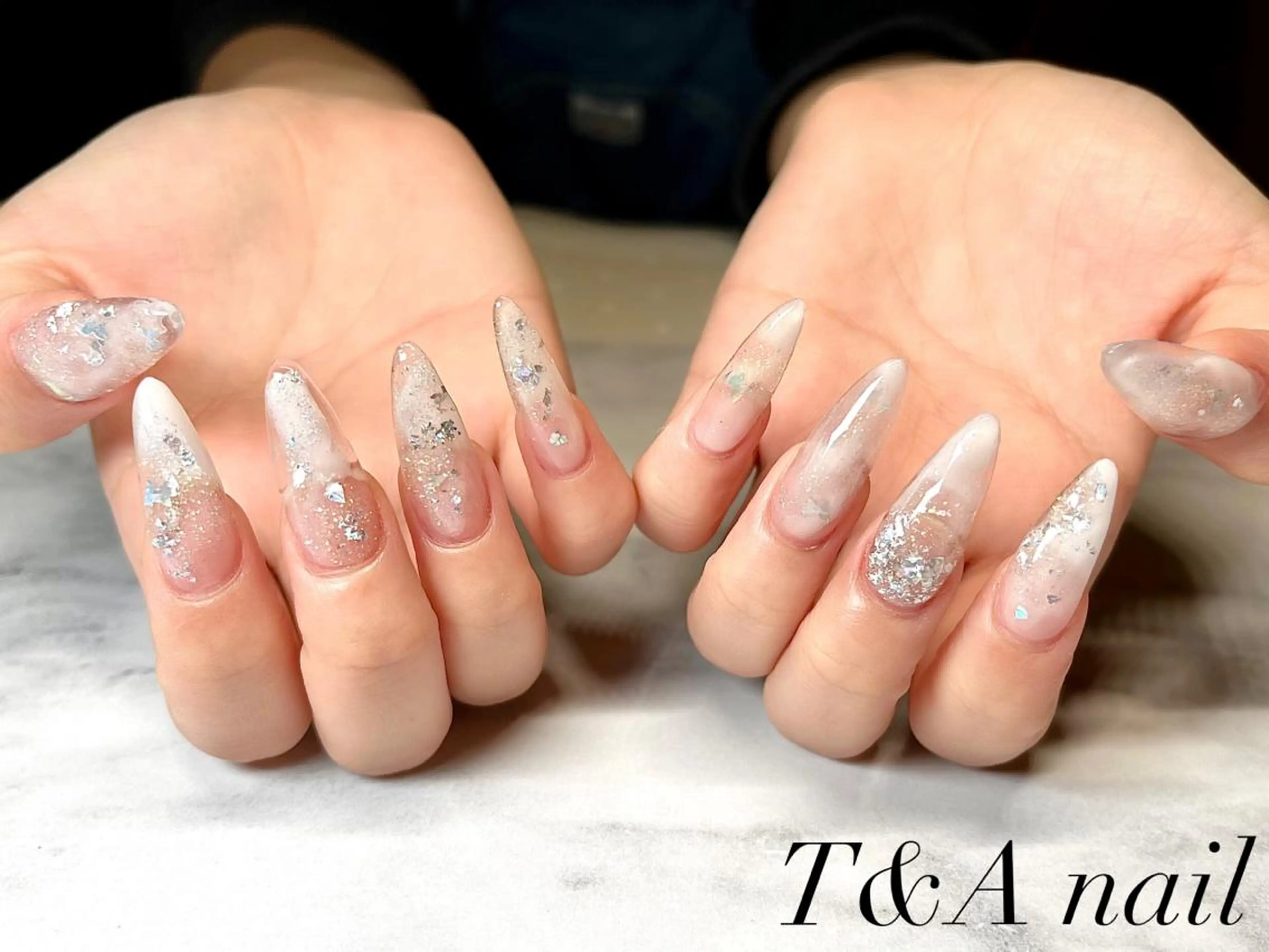 セミロング ネイル 長さ出し ジェルネイル キラキラネイル 大理石ネイル(マーブル) ニュアンスネイル T&A nailのネイルデザイン