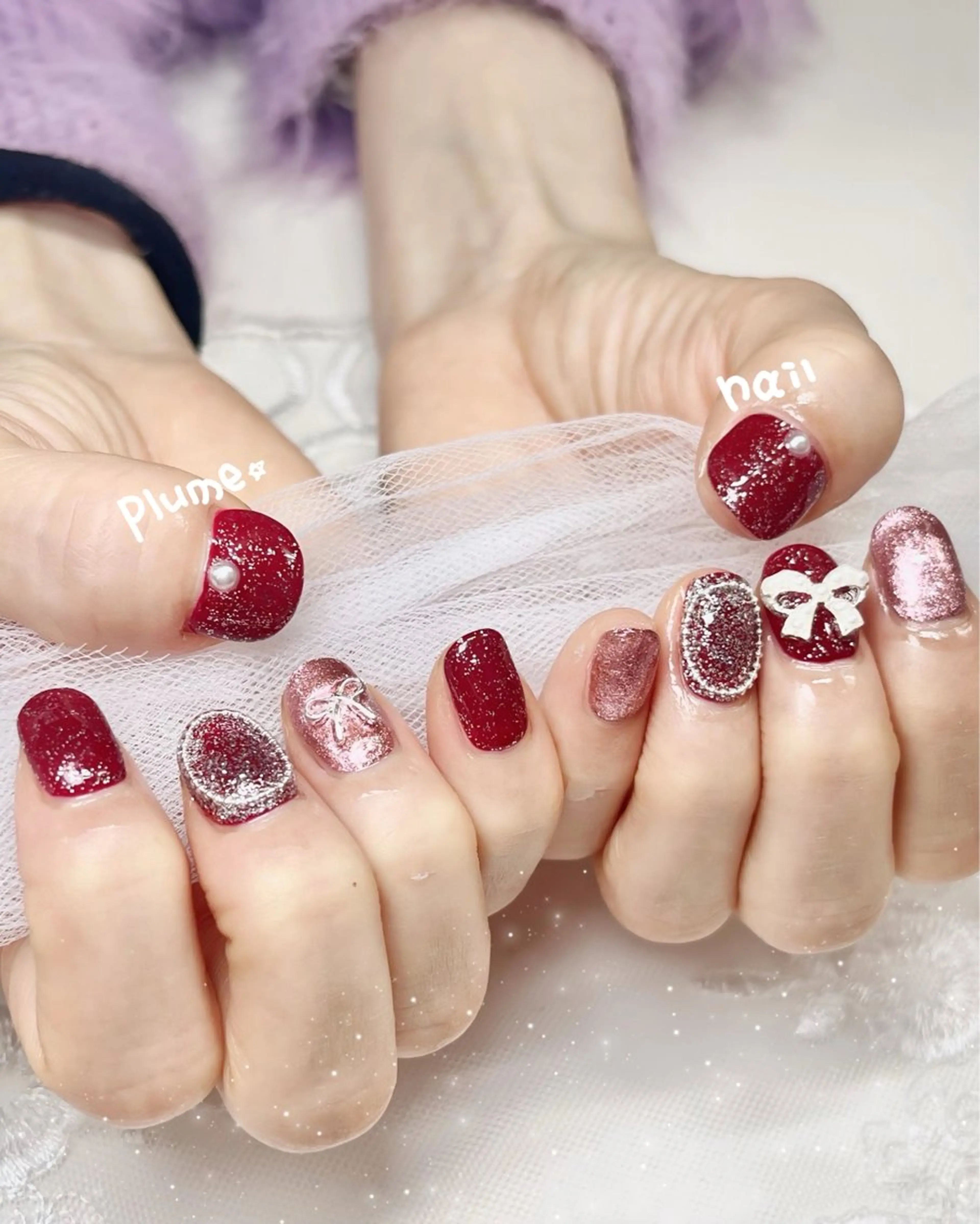 ネイル ボルドー キラキラネイル オフィスネイル ワンカラーネイル リボン plume nail ☆韓国ネイルのネイルデザイン
