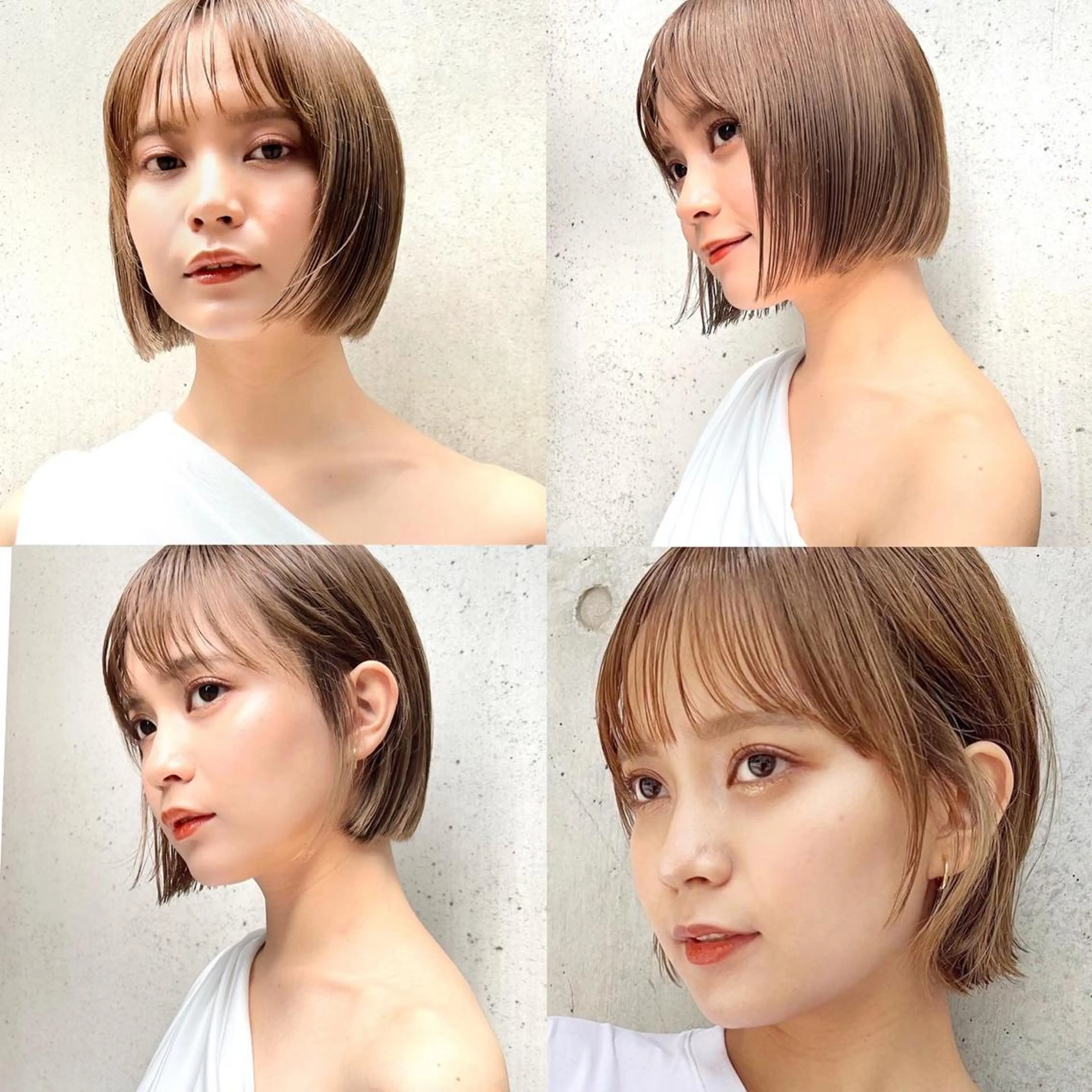 ショート カラー 切りっぱなしボブ 前下がりボブ ブリーチ グレージュ イルミナカラー カット ヘアカラー トリートメント レイヤー専門家 ダブルカラー修のヘアスタイル