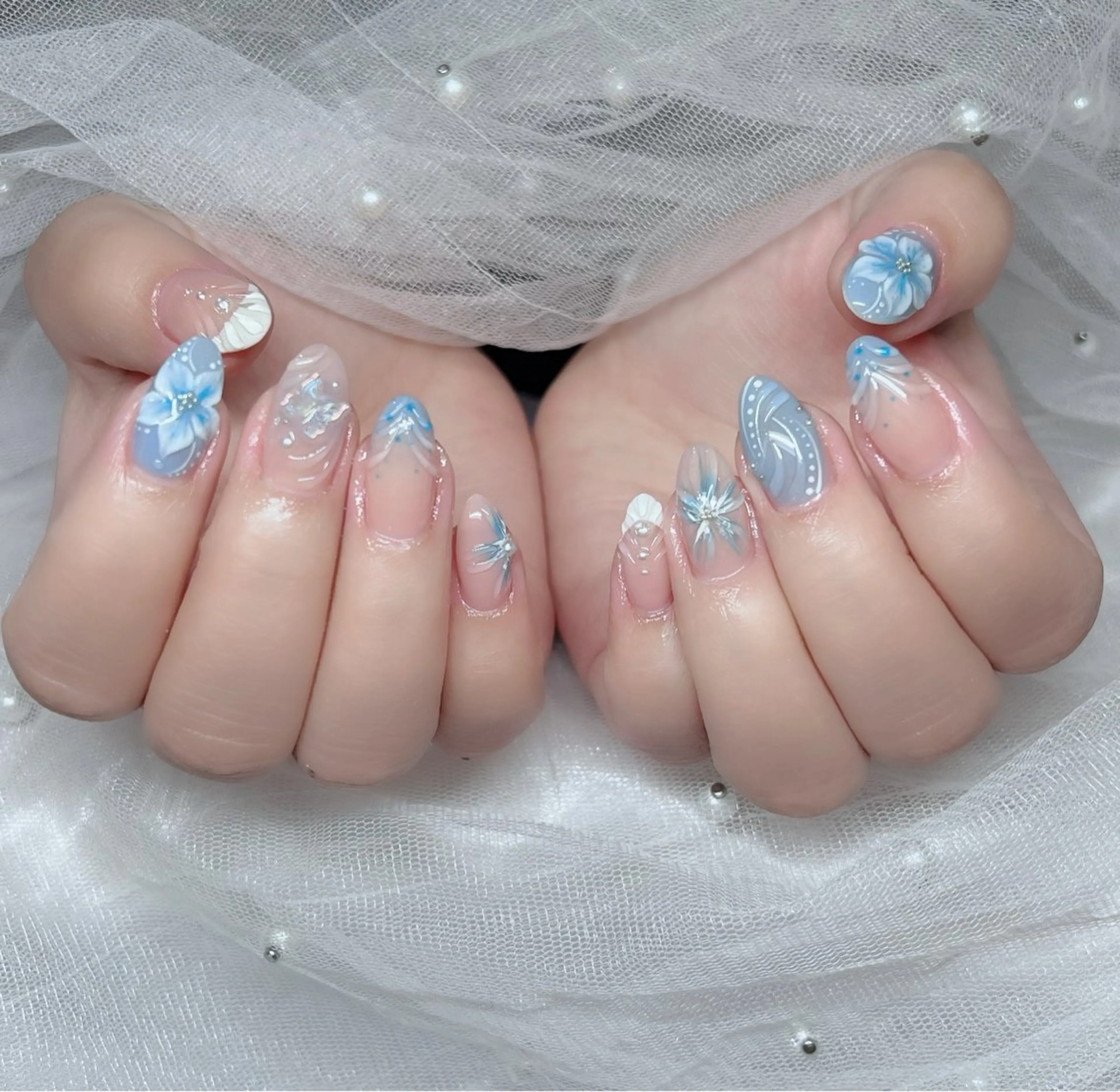 ネイル ハンドネイル 🎀PG🩵 ネイルサロンのネイルデザイン