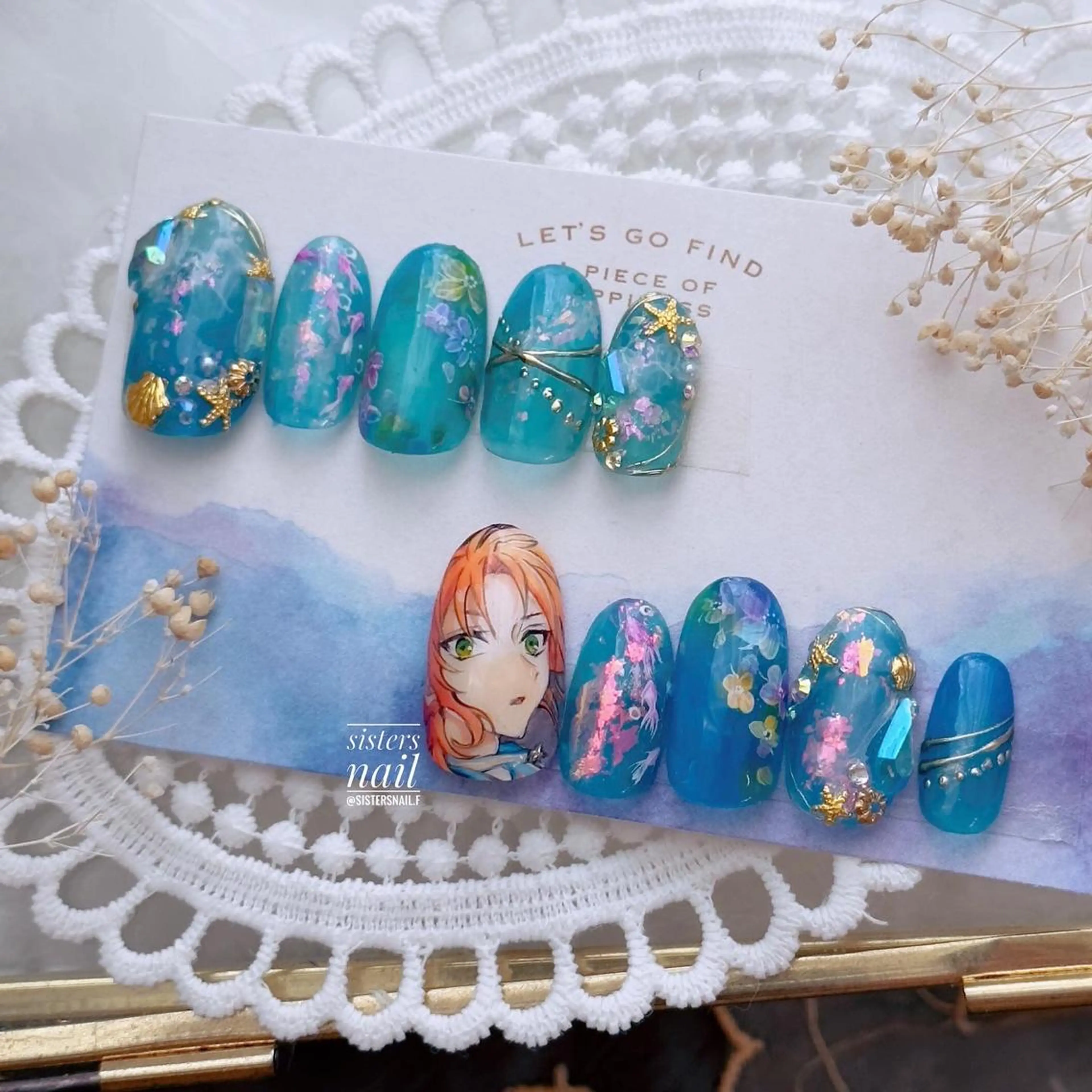 ネイル アートネイル ブルー フラワーネイル キラキラネイル sisters nail.fのネイルデザイン