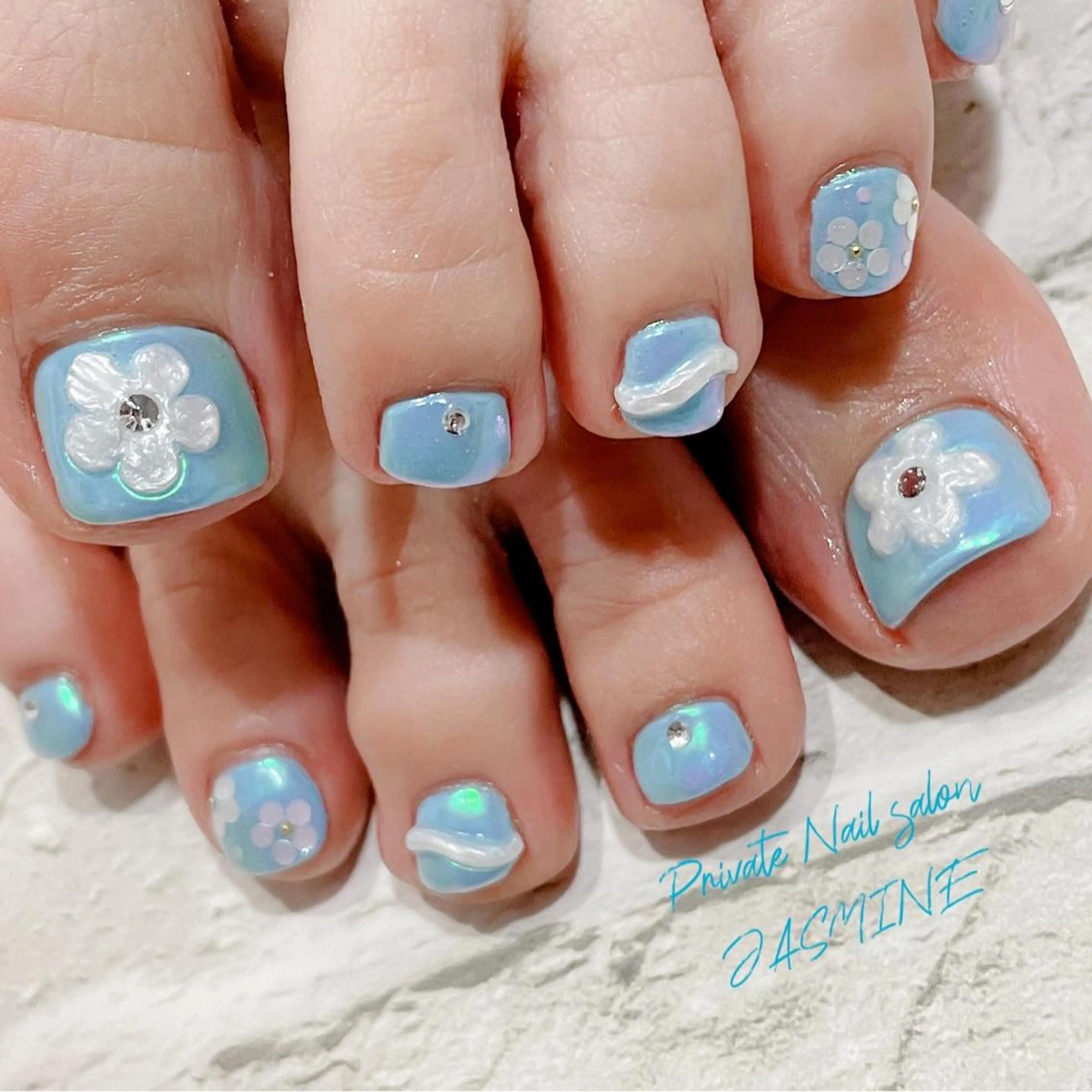 ネイル ブルー フラワーネイル 夏ネイル Nail salon JASMINEのネイルデザイン