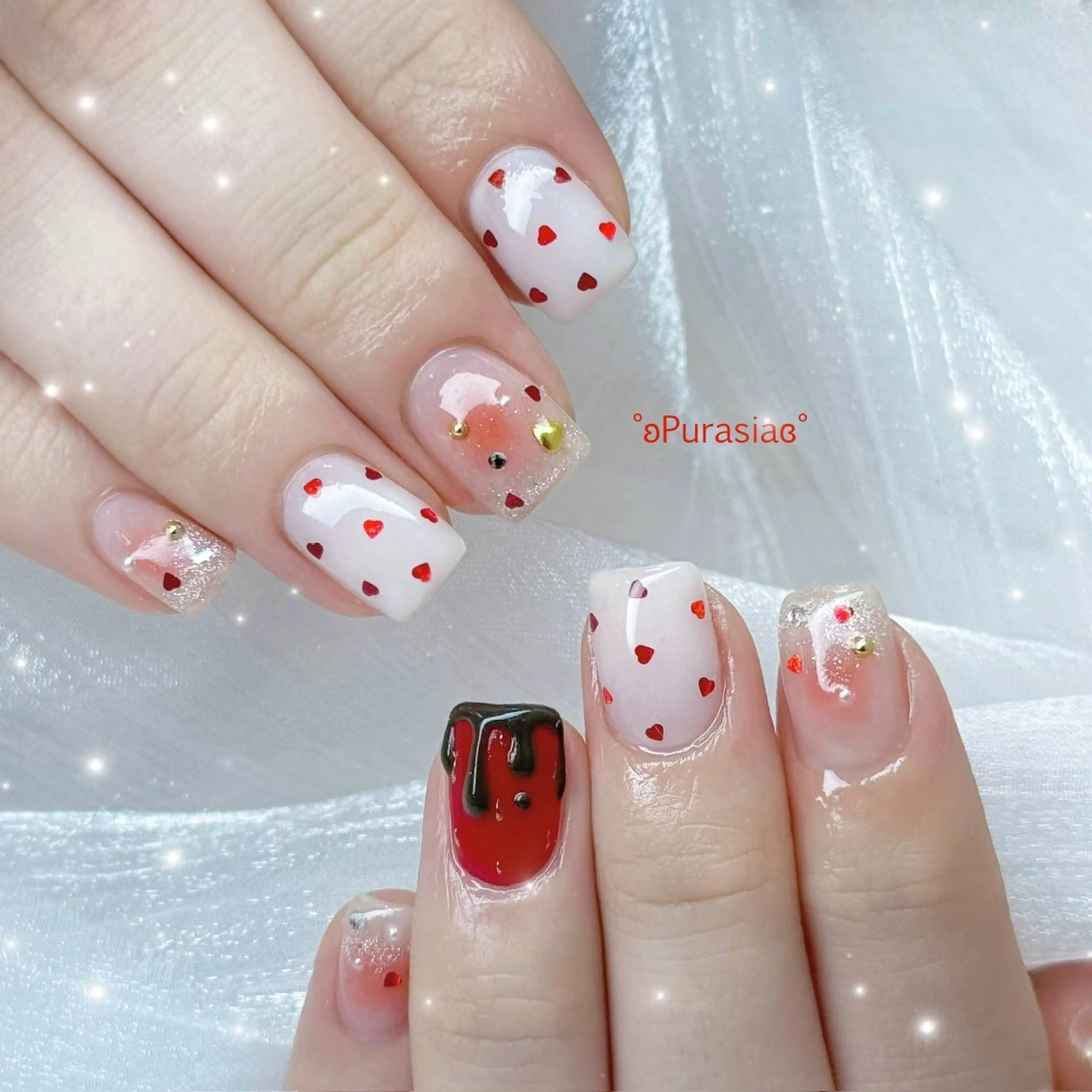 ネイル キラキラネイル 韓国ネイル バレンタイン ワンホンネイル ハンドネイル Purasia高橋✧ マグ/ワンホン/地雷のネイルデザイン