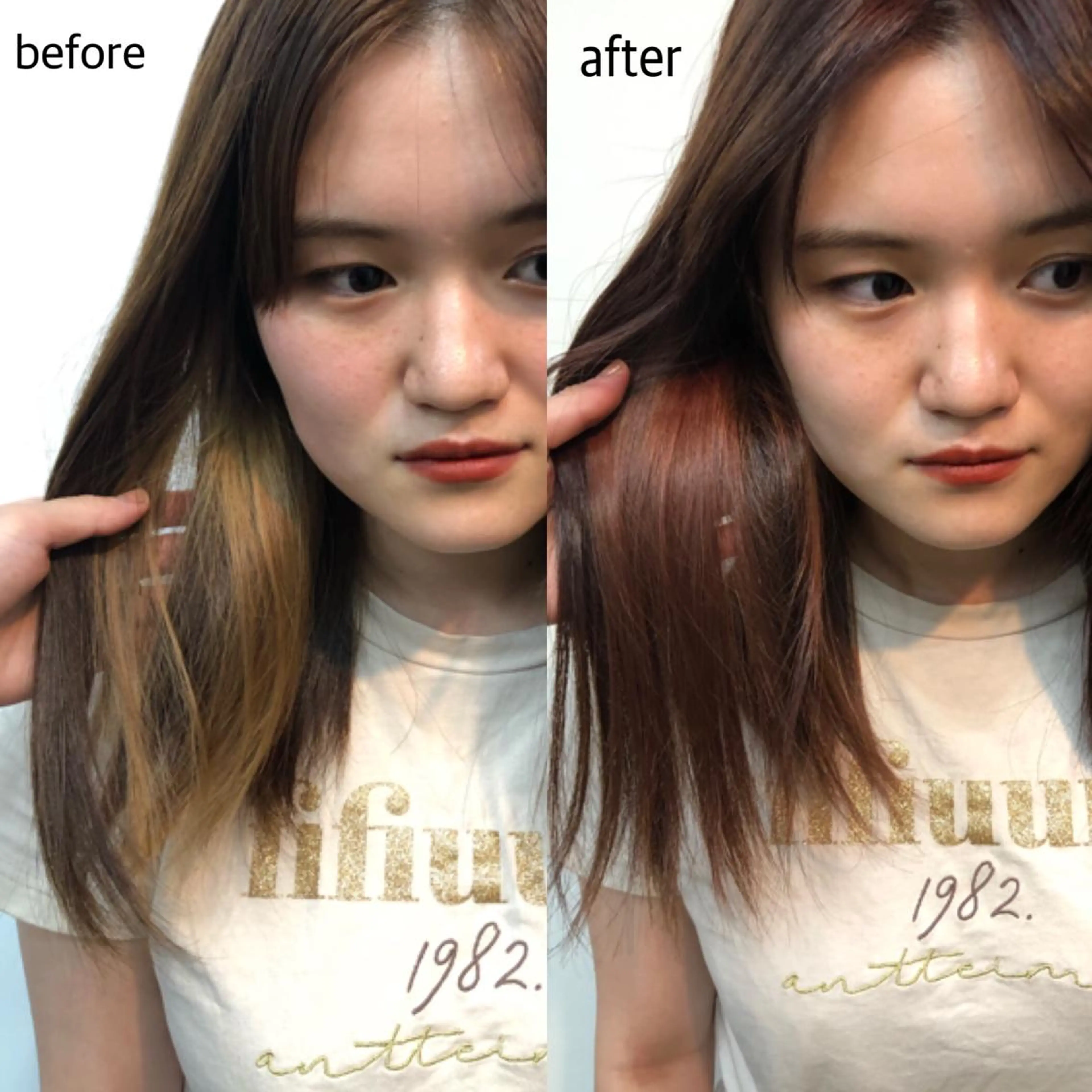 ミディアム カラー ブリーチ ブラウンカラー レッドカラー レッドブラウン 桑原 菜摘のヘアスタイル