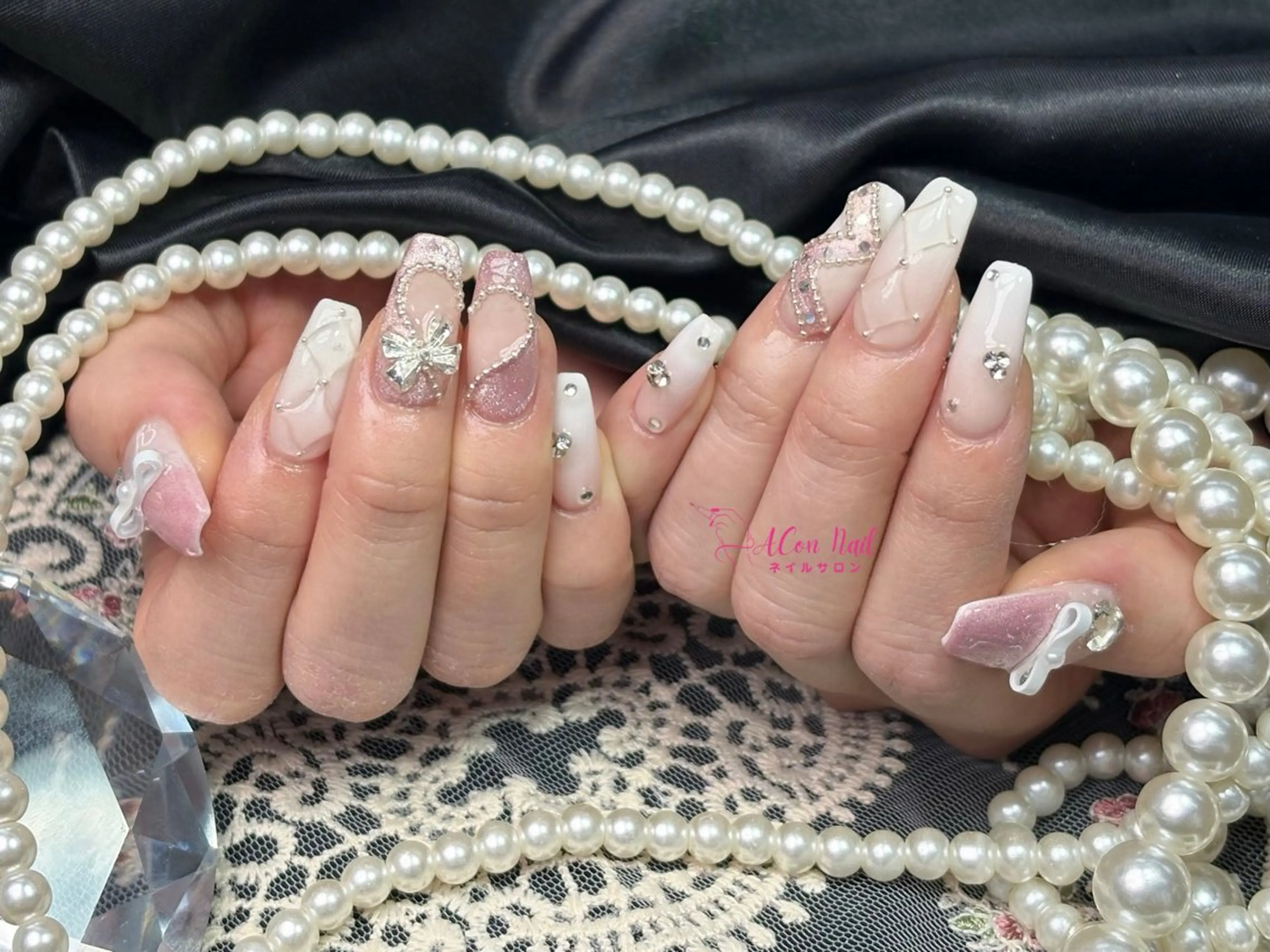 ネイル 桜ネイル 長さ出し フラワーネイル フレンチネイル ジェルネイル ハンドネイル ACon NailSalonのネイルデザイン