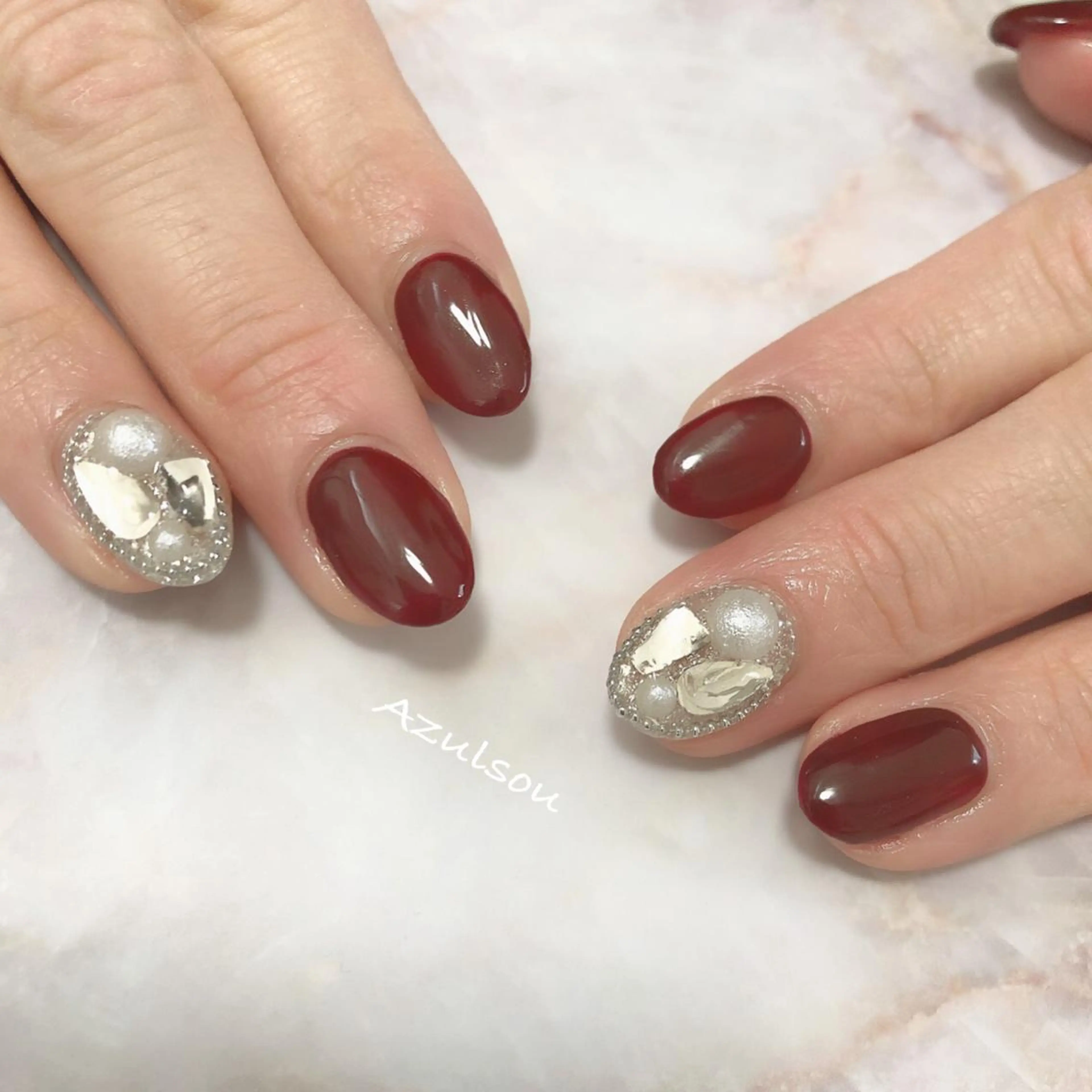 ネイル ボルドー ジェルネイル 韓国ネイル ミラーネイル 持ち込み Azulsou 廣川愛のネイルデザイン