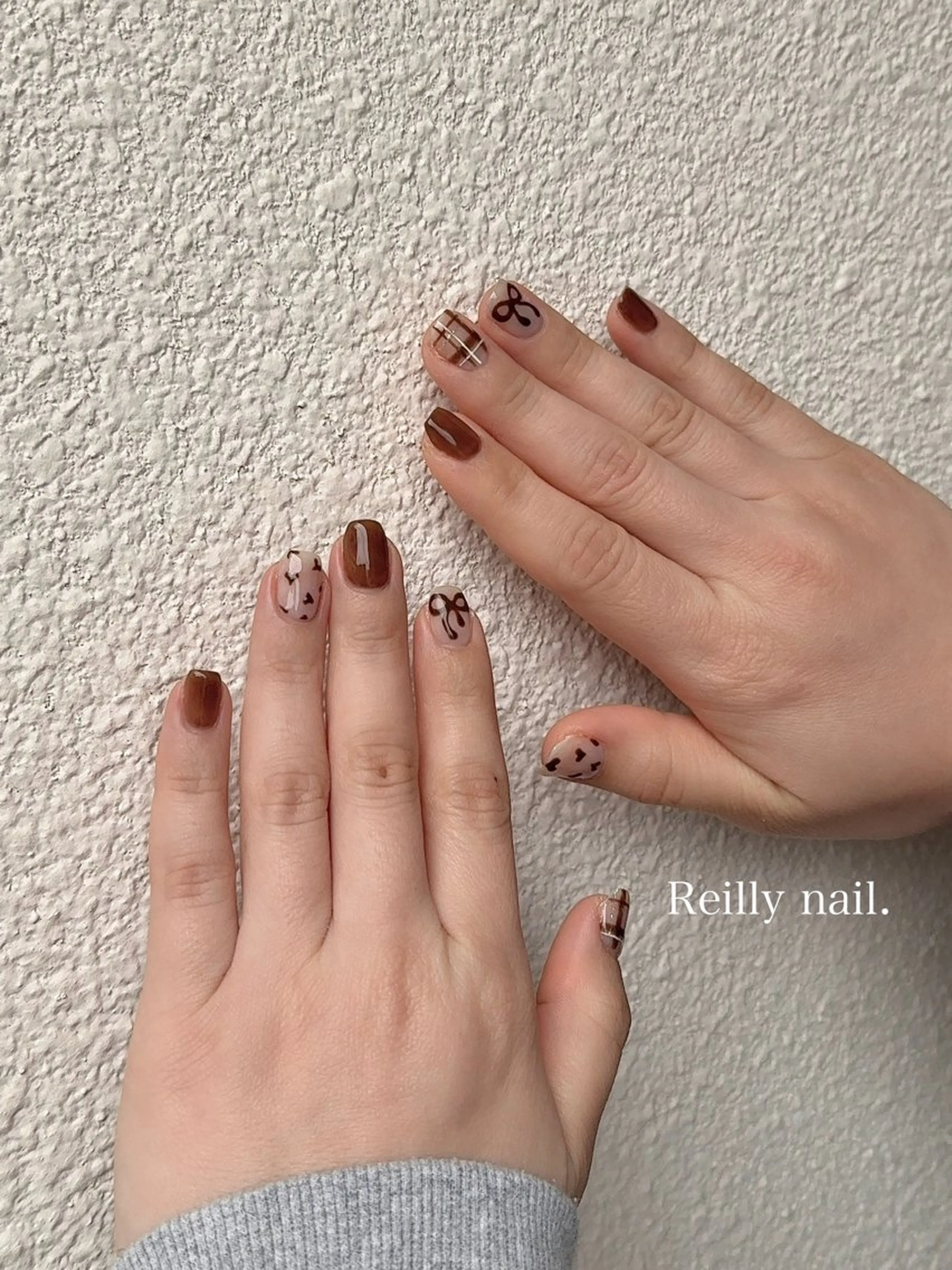 ネイル ブラウン ジェルネイル ハート ニュアンスネイル オフィスネイル Reillynail みさきのネイルデザイン