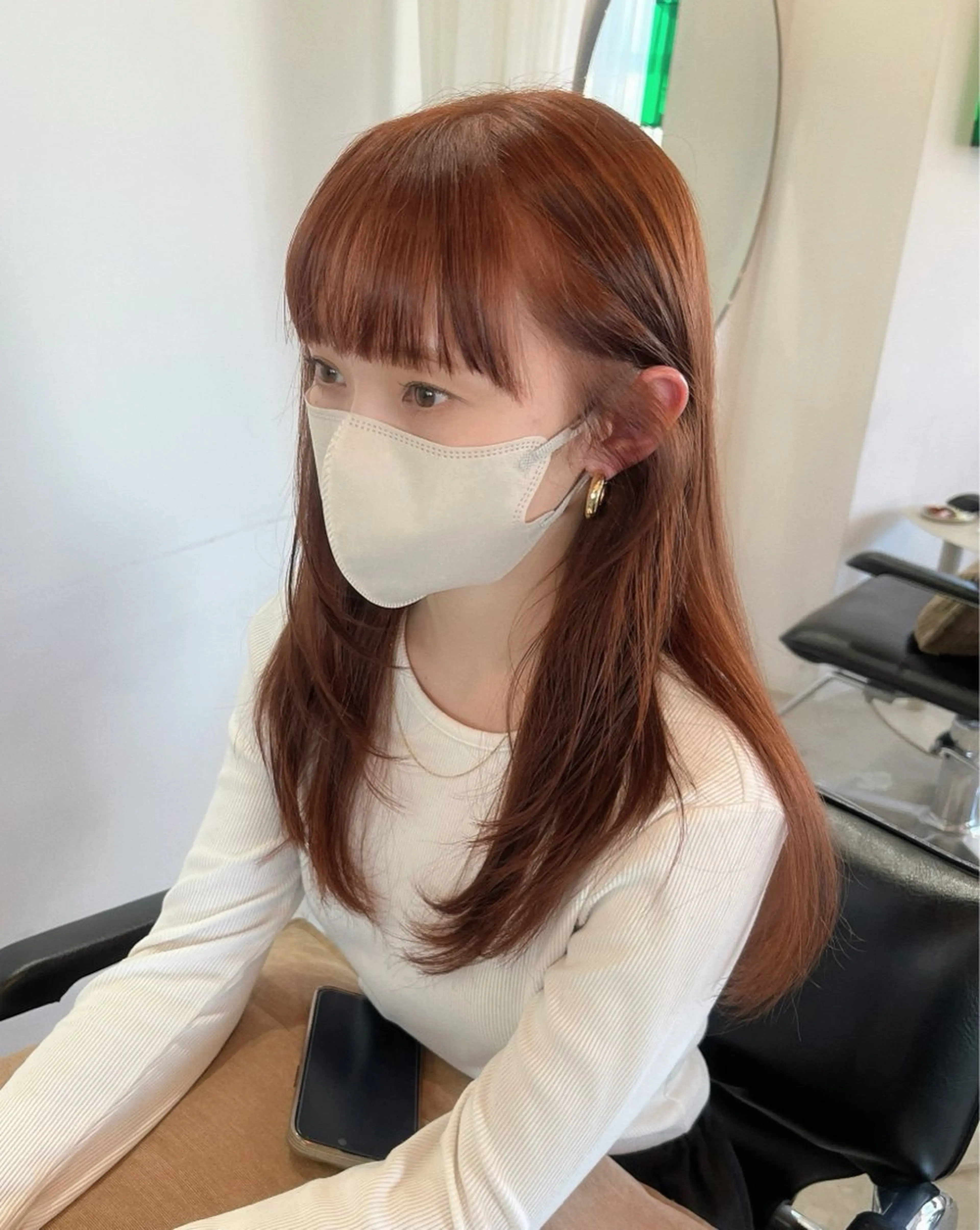 ロング オレンジブラウン レイヤーカット ロング ワイドバング カット ヘアカラー トリートメント 義本 風佳のヘアスタイル