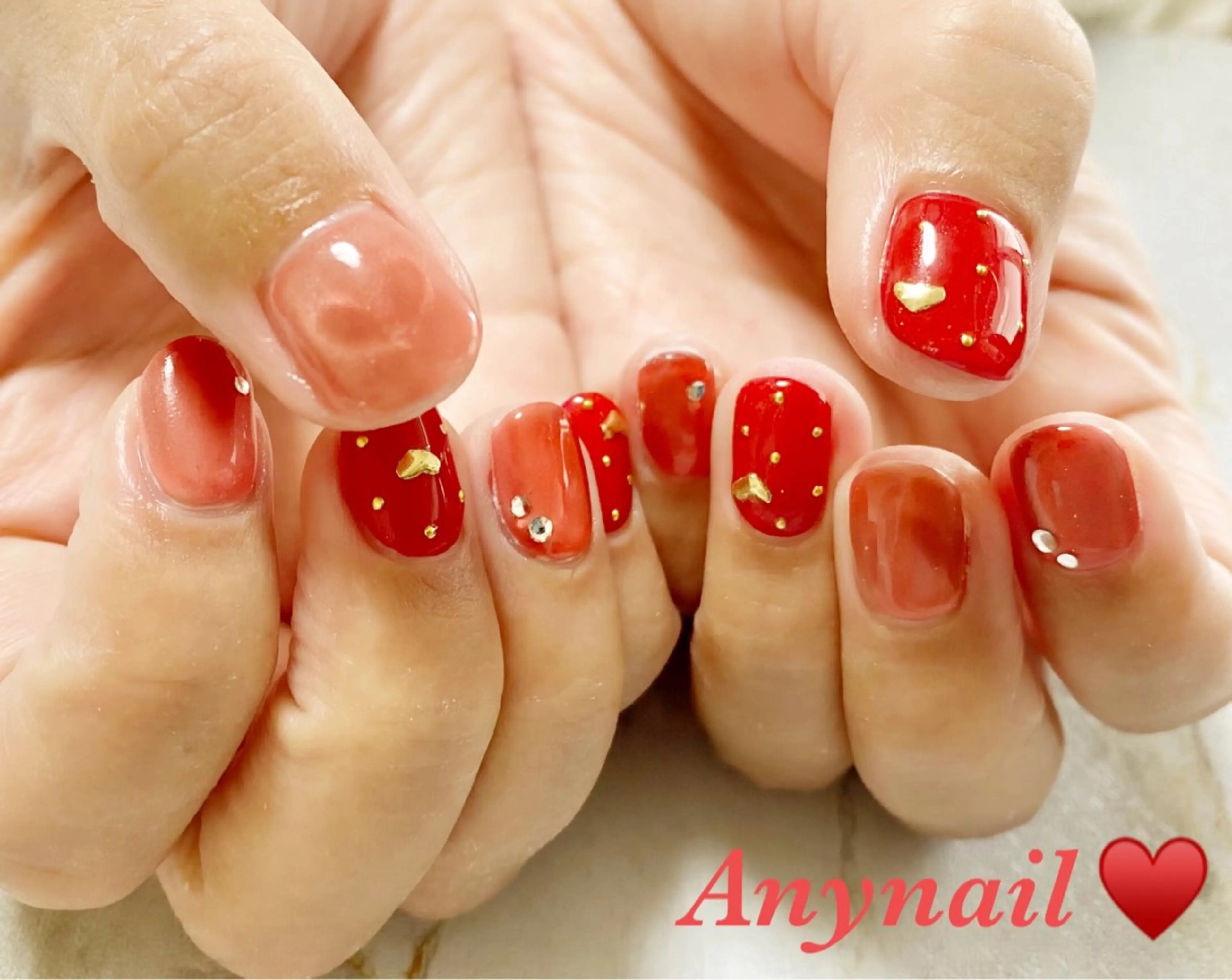 ネイル ブルー ハート マグネットネイル 赤色 バレンタイン ハンドネイル 岩澤 恵子のネイルデザイン