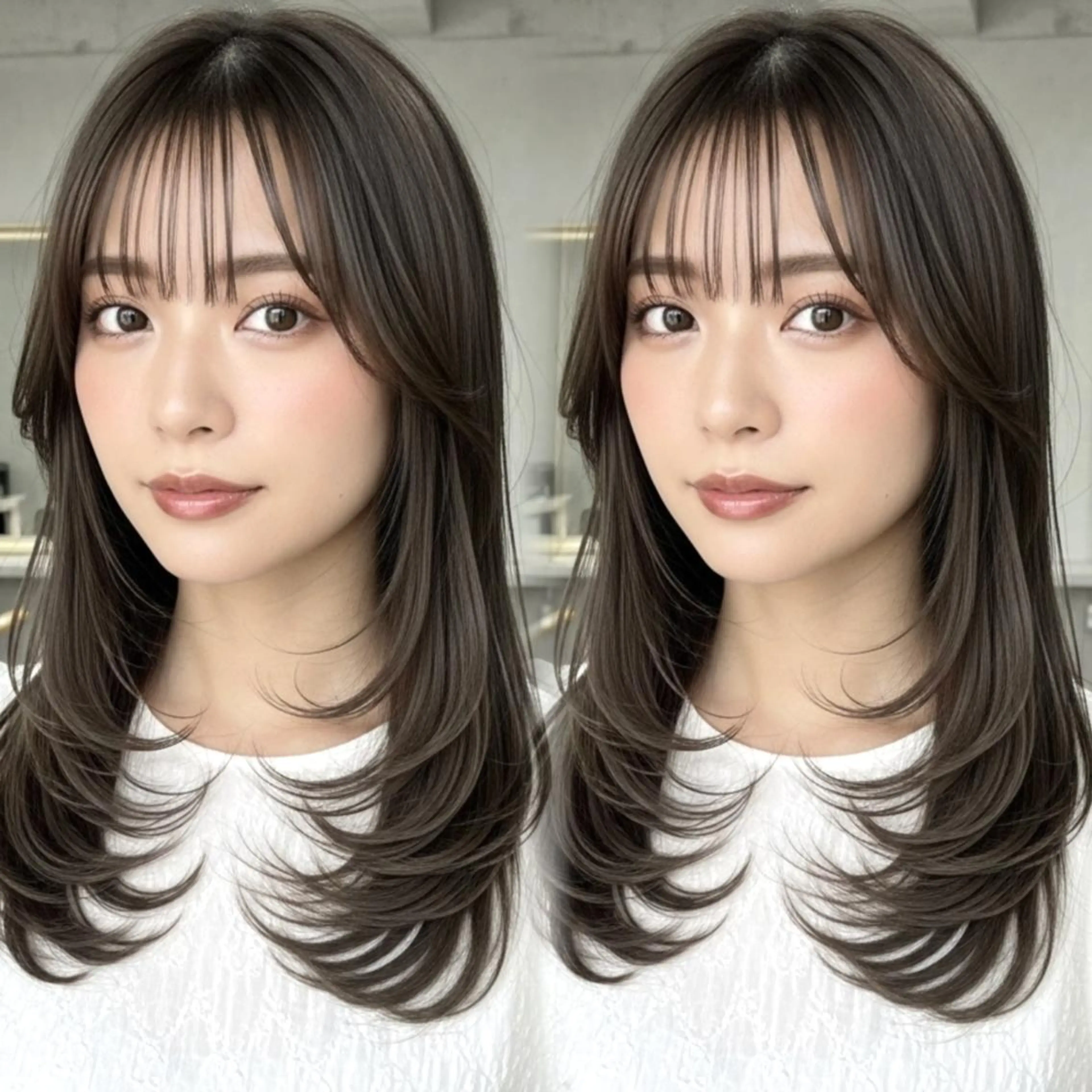 セミロング 顔周りカット 韓国風ヘア レイヤーカット 小顔カット カット ヘアカラー トリートメント ✨韓国レイヤー🦋 リピートNO.1✨のヘアスタイル