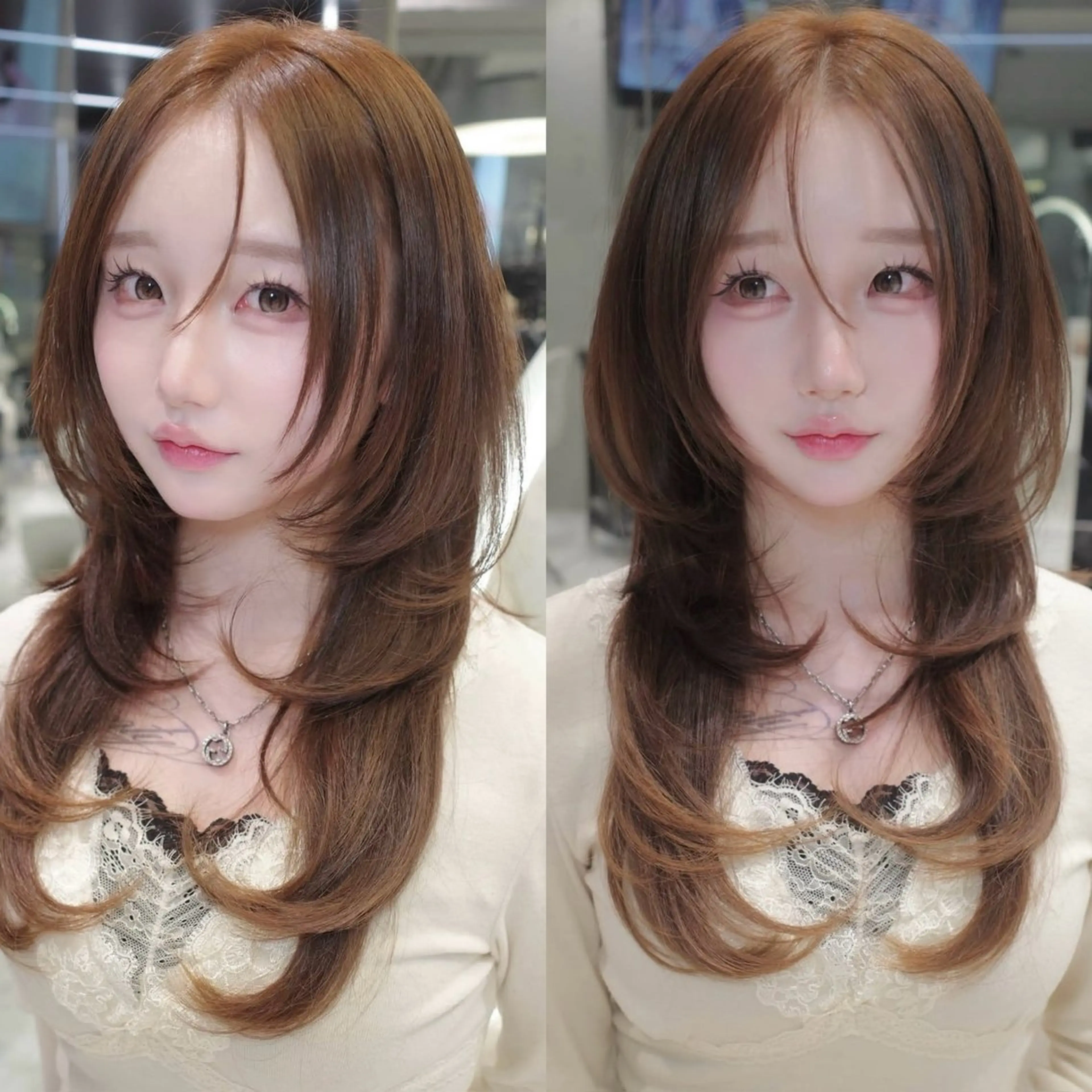 ロング くびれヘア 顔周りカット ハイレイヤー 韓国風ヘア レイヤーカット カット がわ/ハイレイヤー /ハイトーンカラーのヘアスタイル