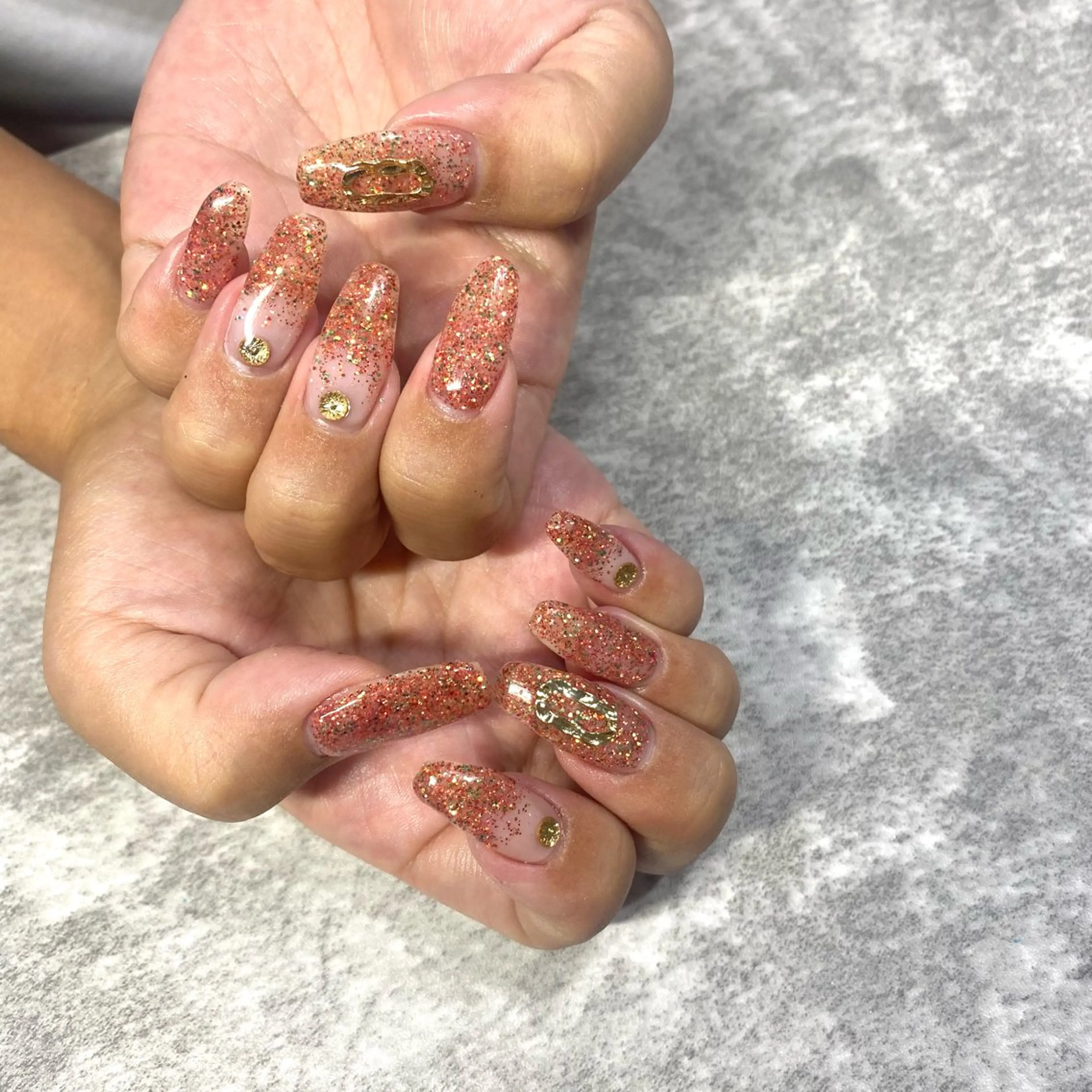 ネイル ラメ(グリッター) オレンジ ハンドネイル ★Rinail... .のネイルデザイン