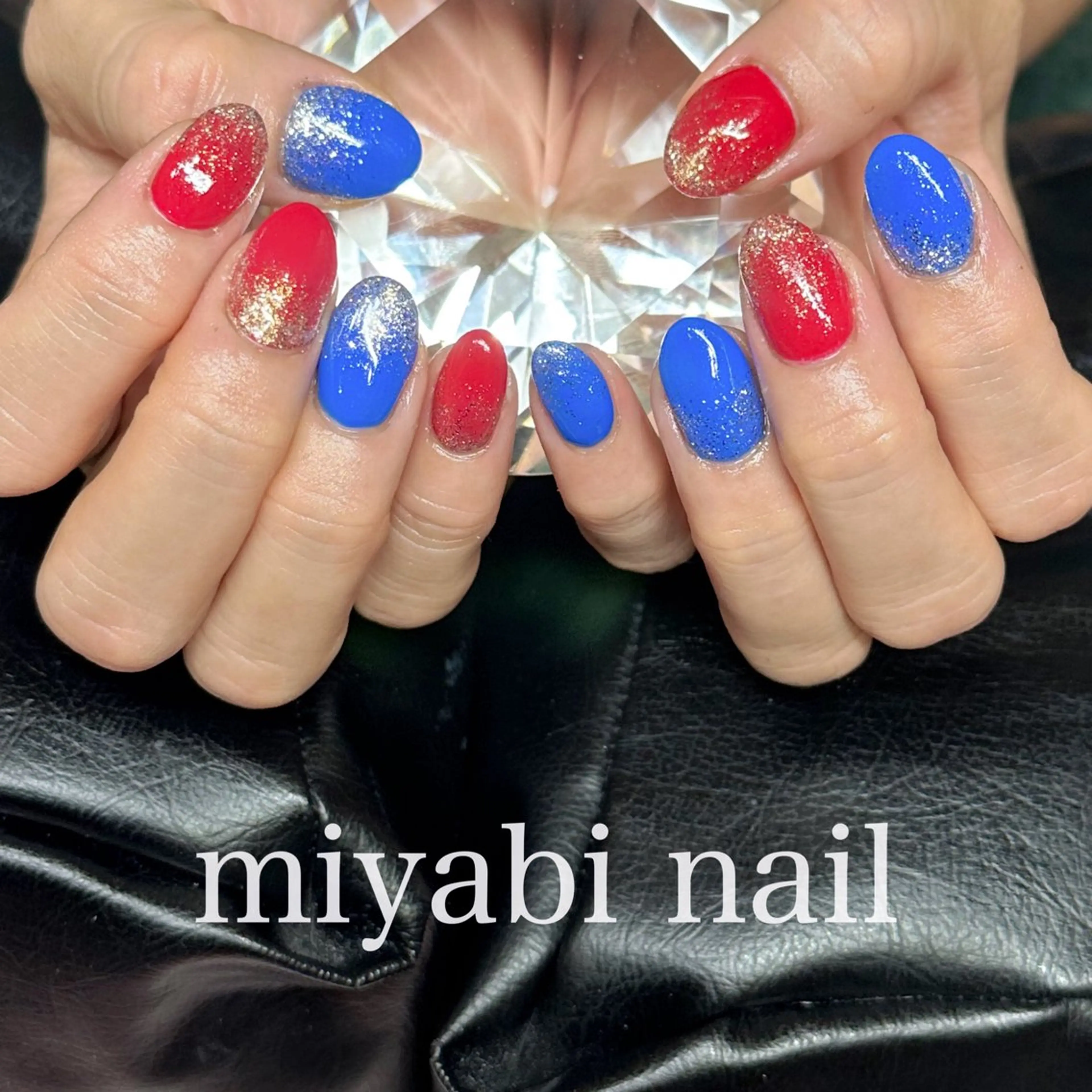 ネイル ブルー ジェルネイル ラメ(グリッター) 持ち込み 赤色 ハンドネイル miyabi nail 桂川駅近くのネイルデザイン