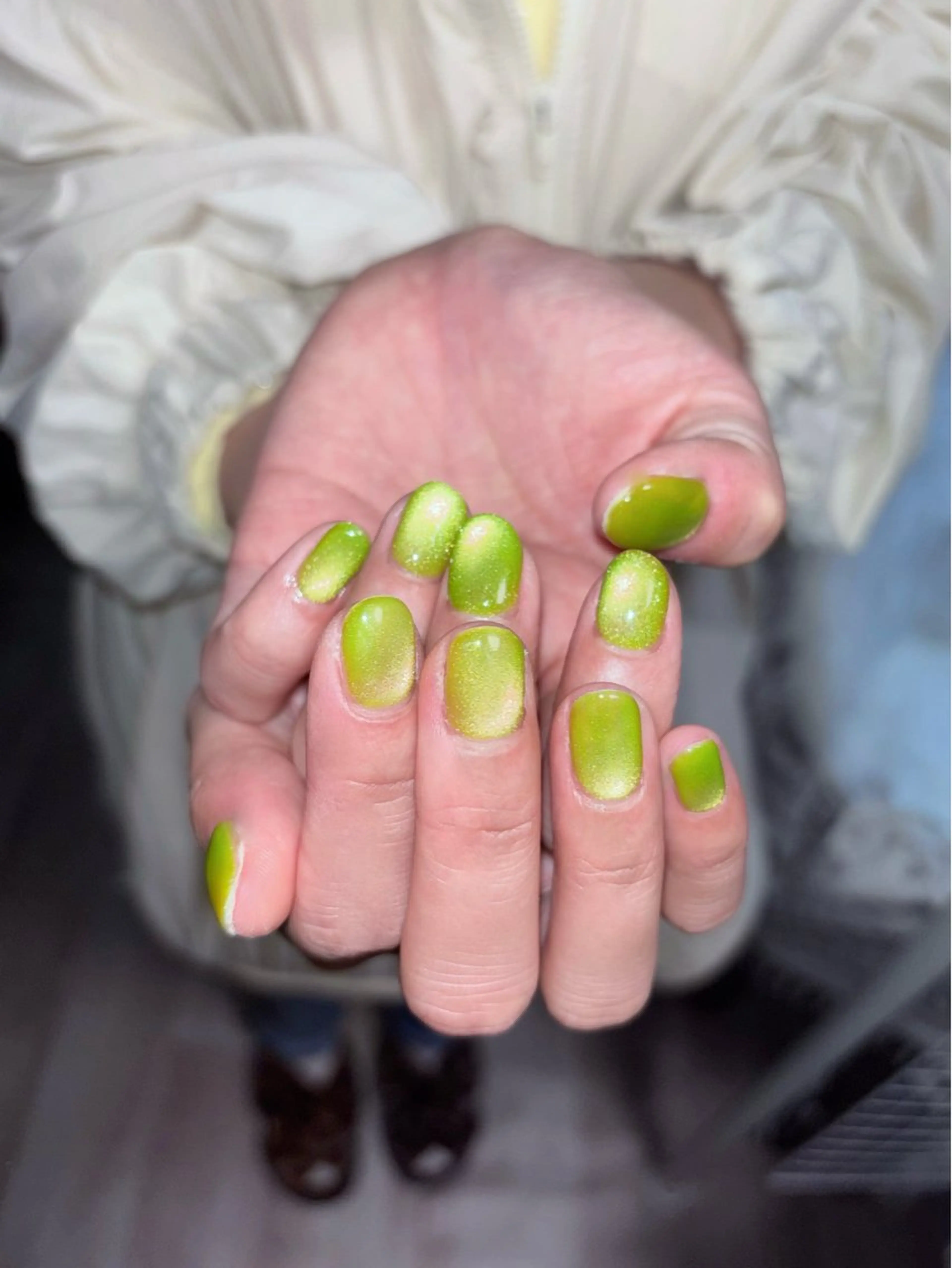 ネイル オーロラネイル グリーン キラキラネイル 韓国ネイル マグネットネイル 銀河屋 の猫のネイルデザイン