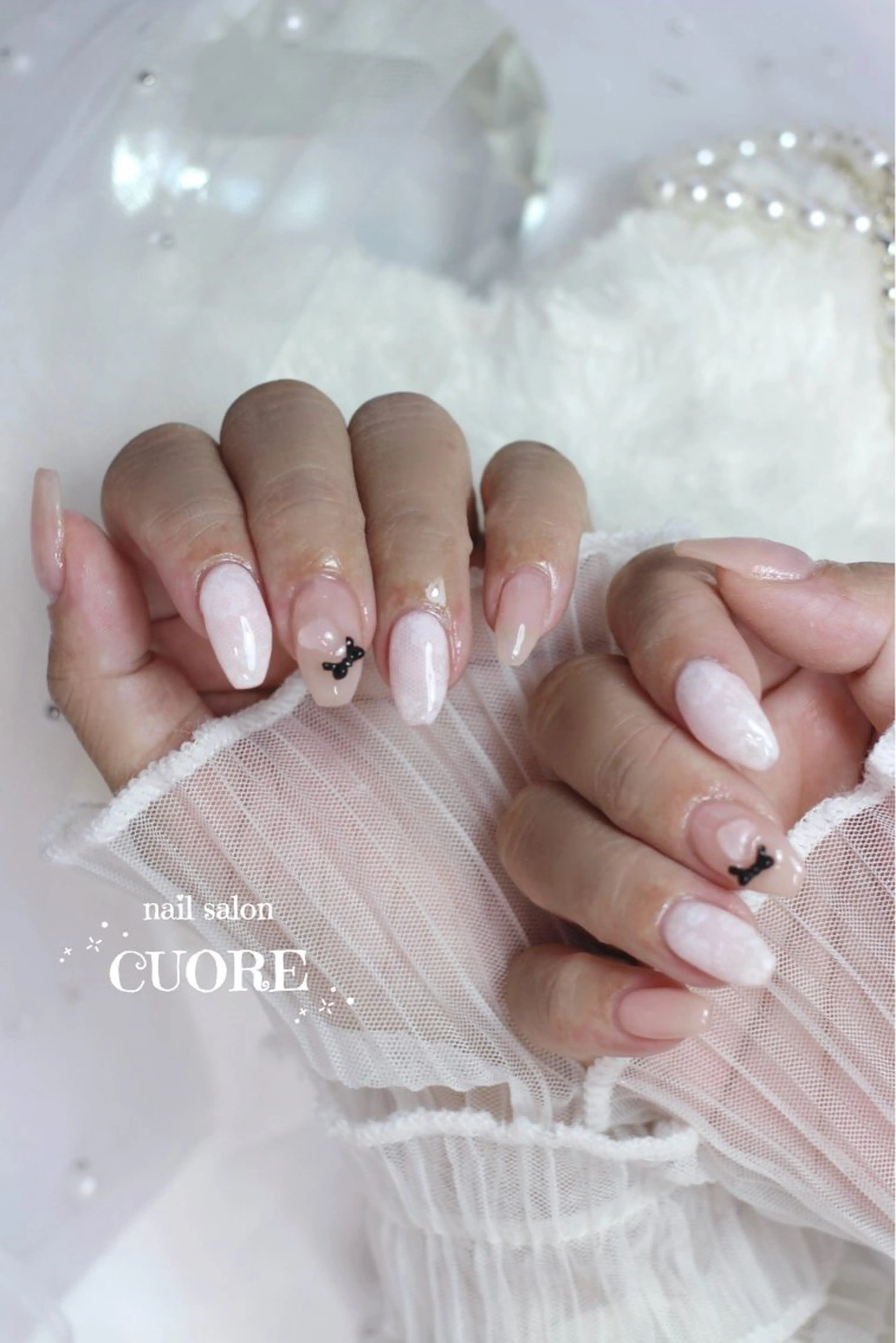 ネイル レース ピンク リボン 春ネイル ハンドネイル nail salon CUOREのネイルデザイン