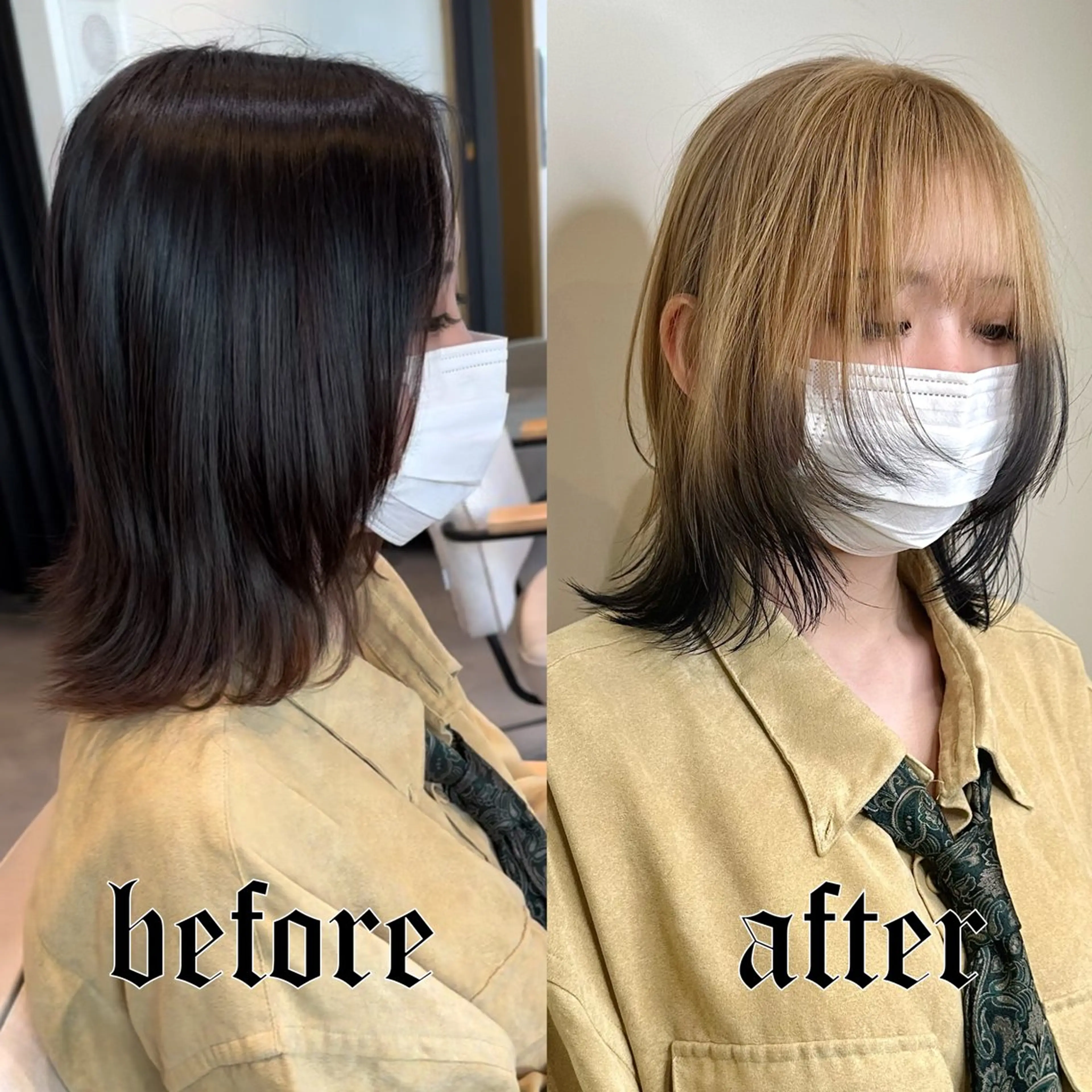 ミディアム カラー ハイトーンカラー ボブ くびれヘア 顔まわりレイヤー 顔周りカット カット ヘアカラー 大阪ウルフカット ハッシュカットのヘアスタイル