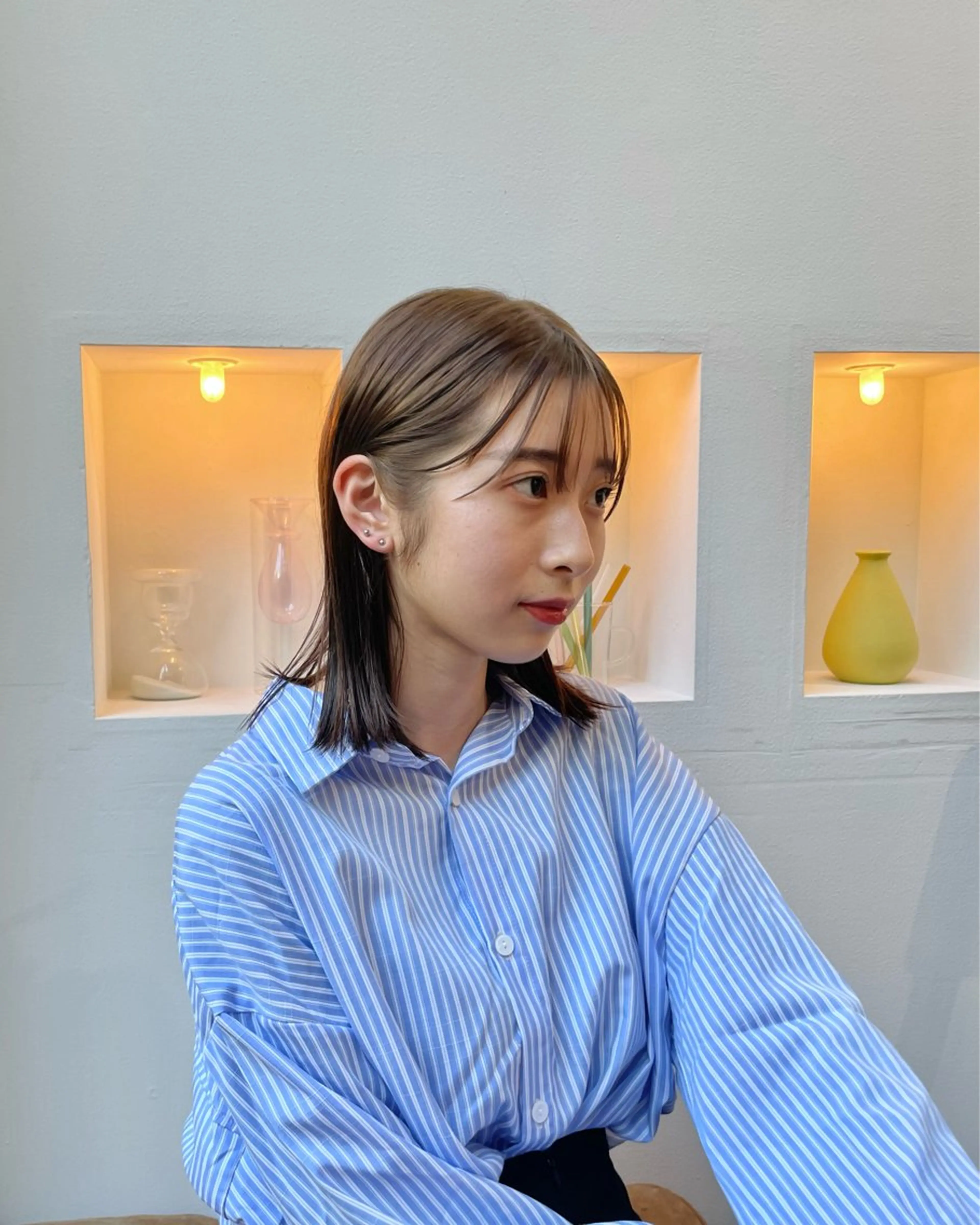 ミディアム カラー 透明感カラー カット ヘアカラー 抜け感ボブ×パーマ |kazaneのヘアスタイル