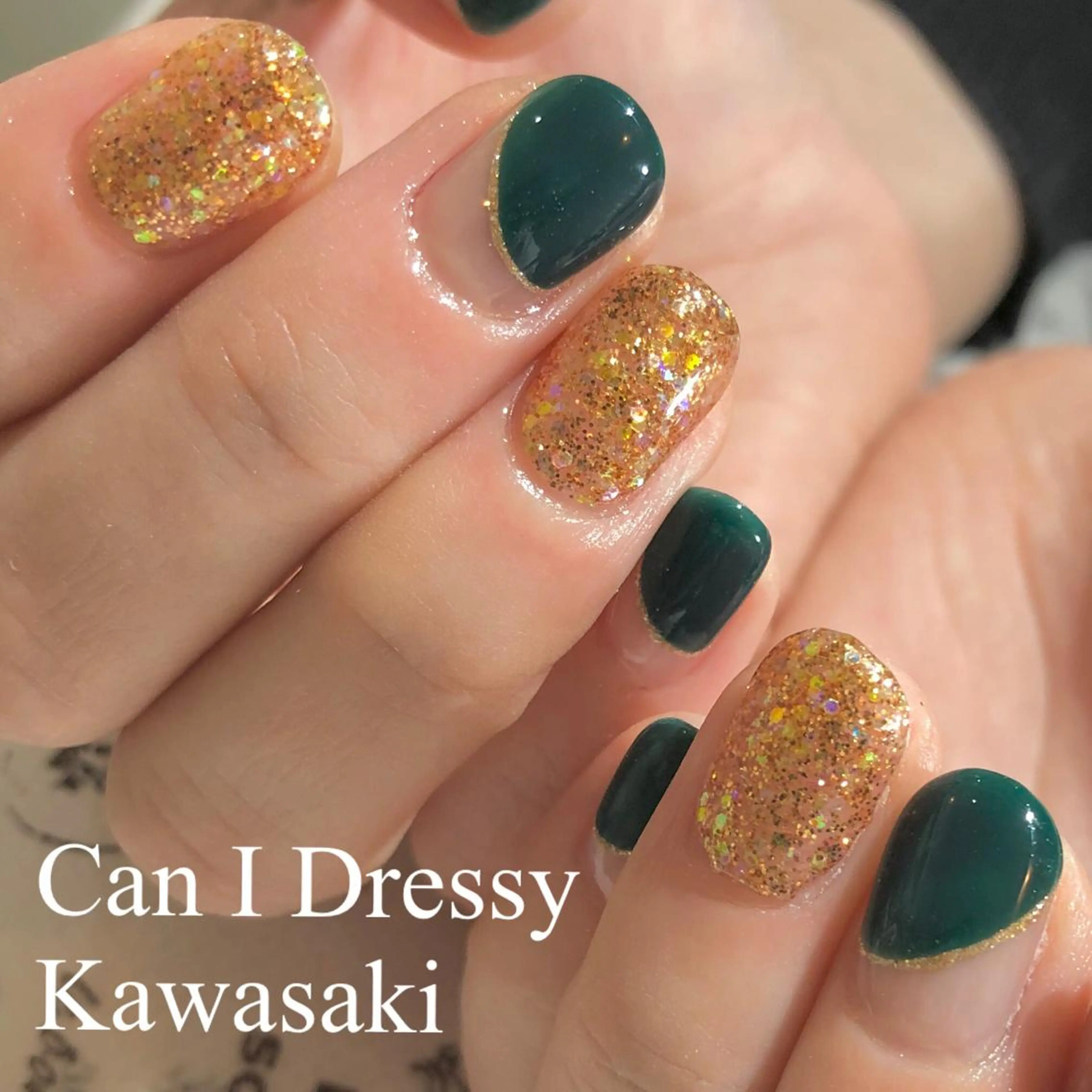 ネイル ゴールド グリーン ハンドネイル Can I 川崎店 三島 久美子のネイルデザイン