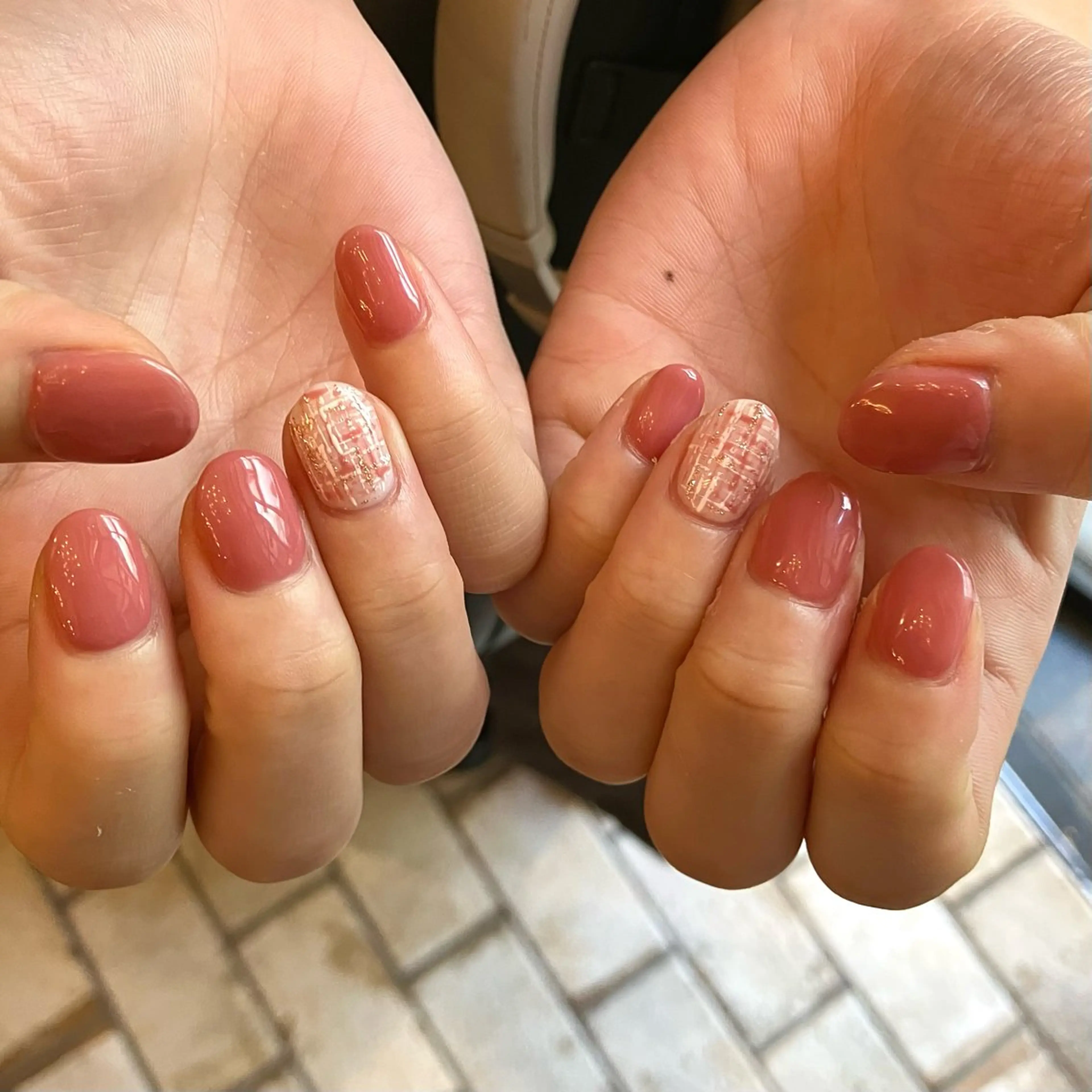 ネイル ワンカラーネイル ピンク シンプルネイル ツイードネイル 冬ネイル ハンドネイル Take Manaのネイルデザイン