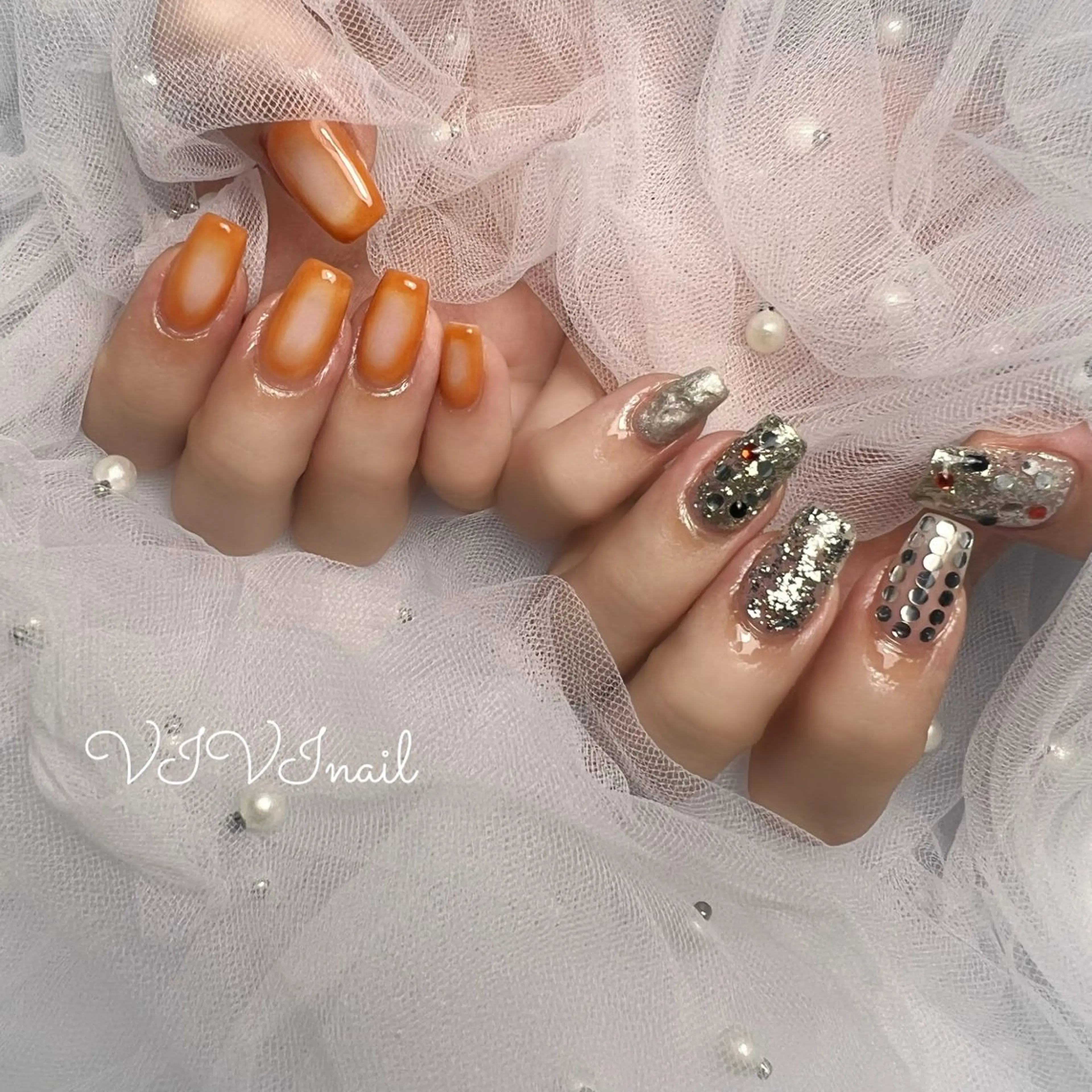 ネイル オレンジ シルバー ハンドネイル vivi nailのネイルデザイン
