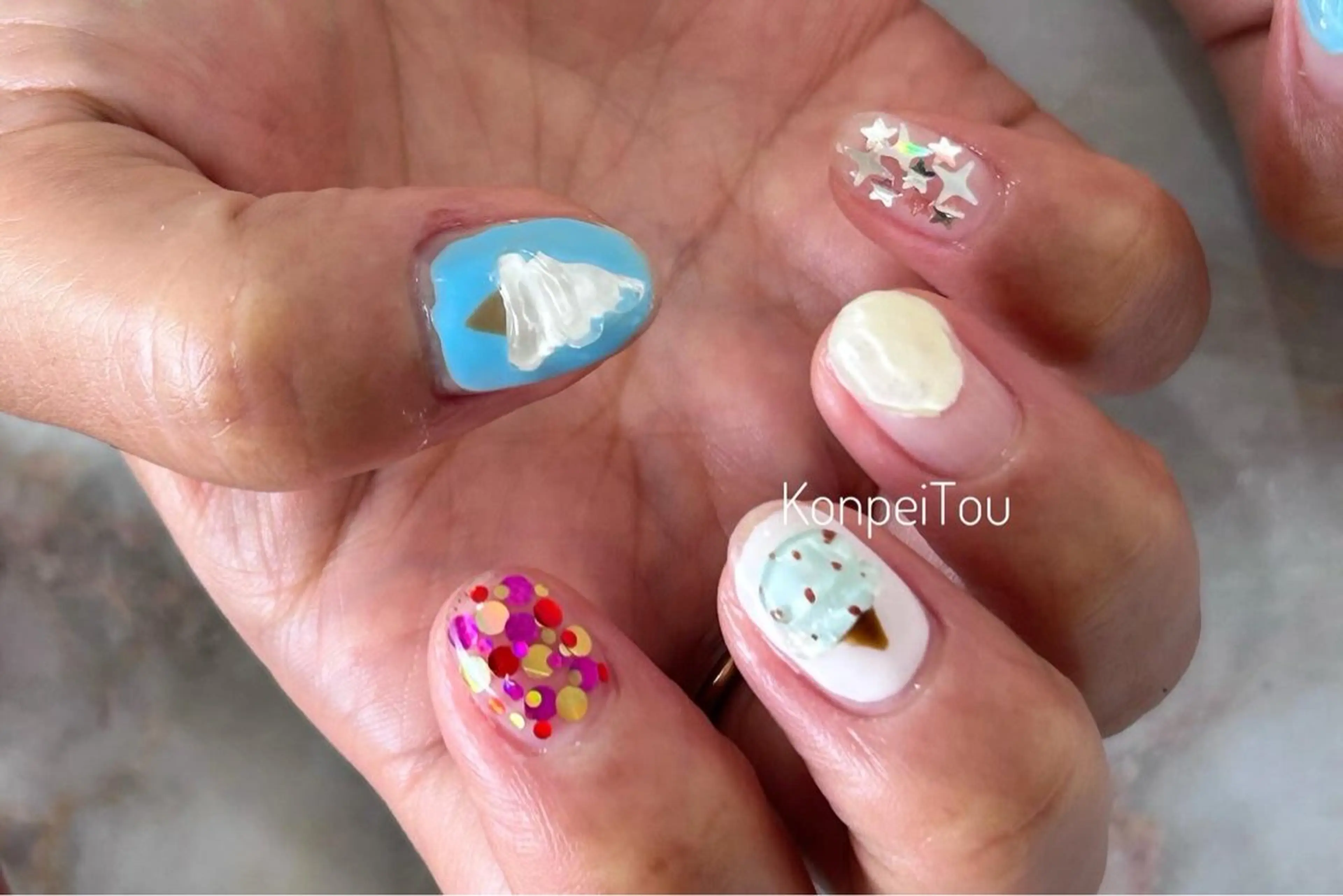 ネイル 氷ネイル・うるうるネイル ハンドネイル おうちのネイルサロン konpeiTou〜こんぺいとう〜所属・おうちのネイルサロン KonpeiTouのネイルデザイン