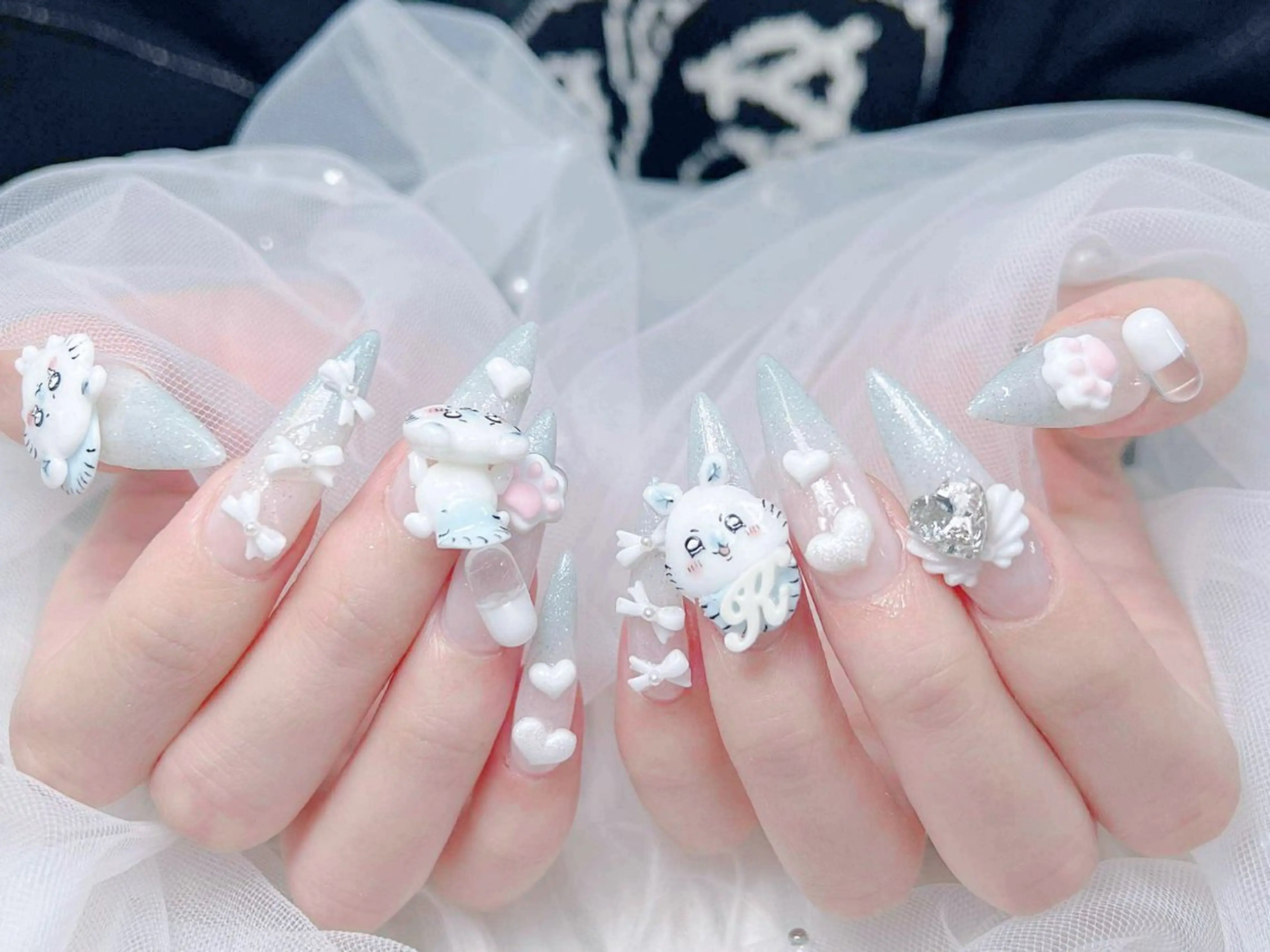 ネイル 成人式 ロングネイル マグネットネイル 大理石ネイル(マーブル) リボン ハンドネイル MoMoA Nail ネイル長さ出し専門店のネイルデザイン