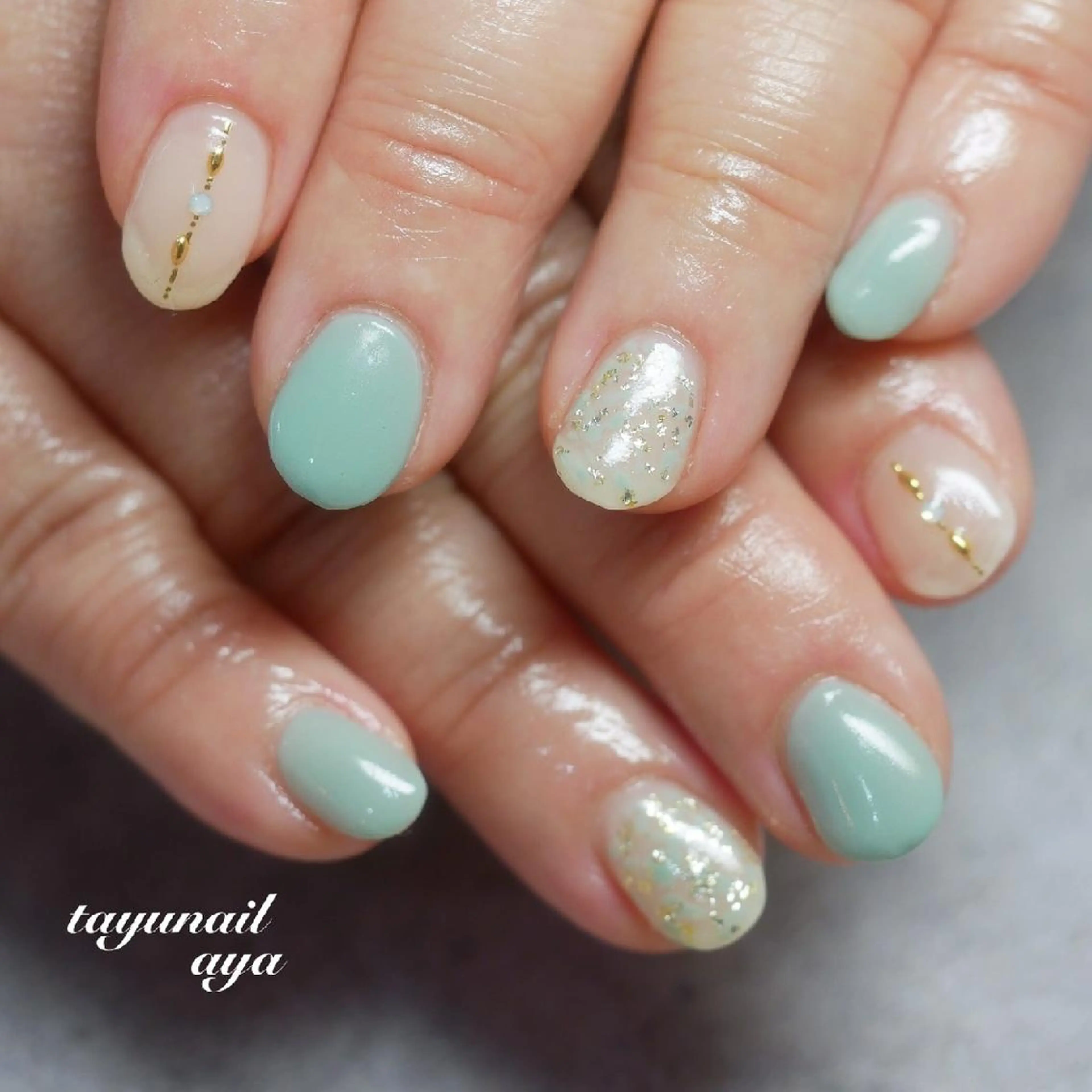 ネイル アートネイル ブルー ジェルネイル グリーン パラジェル ネイルサロン 【たゆnail】のネイルデザイン