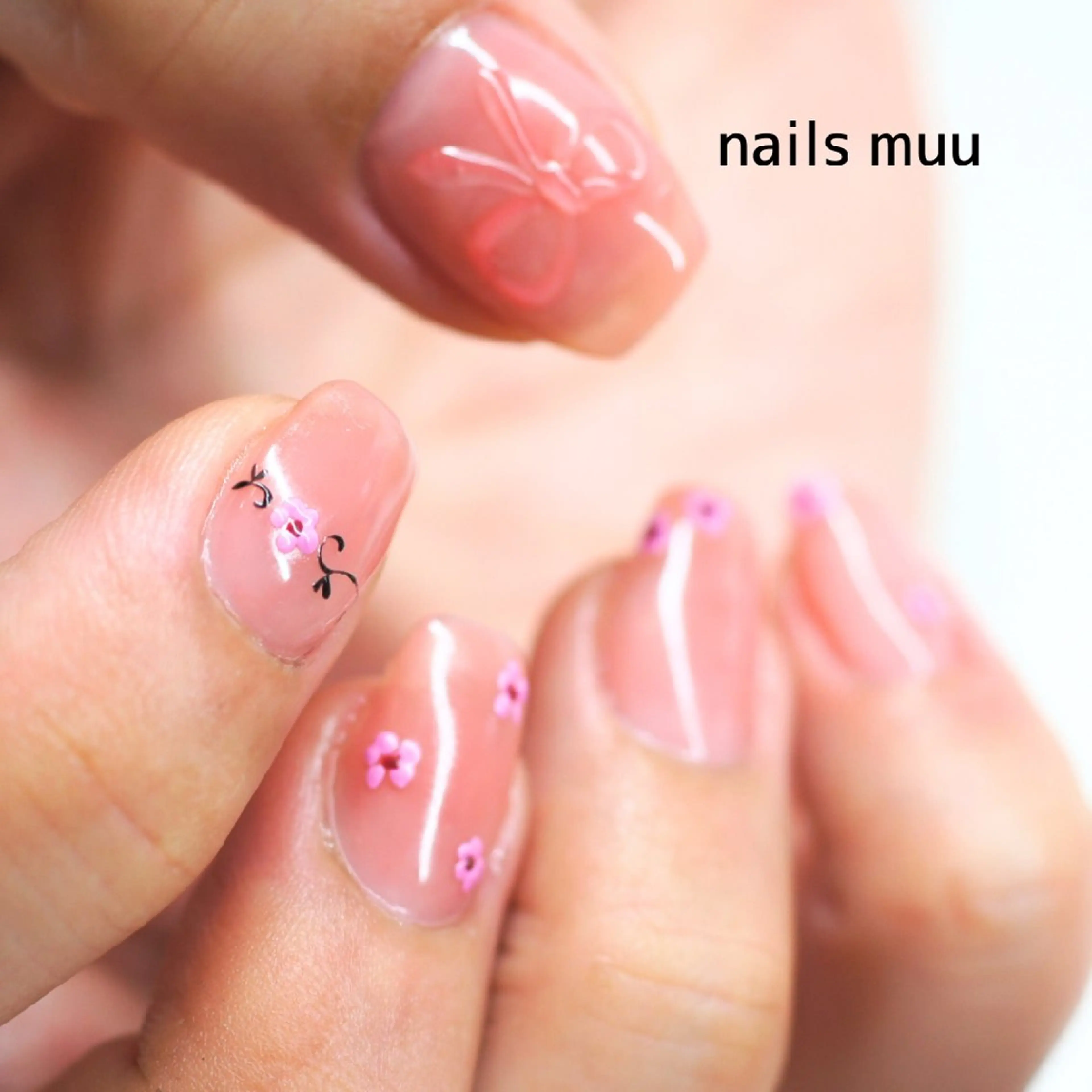 ネイル フラワーネイル ピンク リボン 春ネイル ハンドネイル nails muu まゆのネイルデザイン