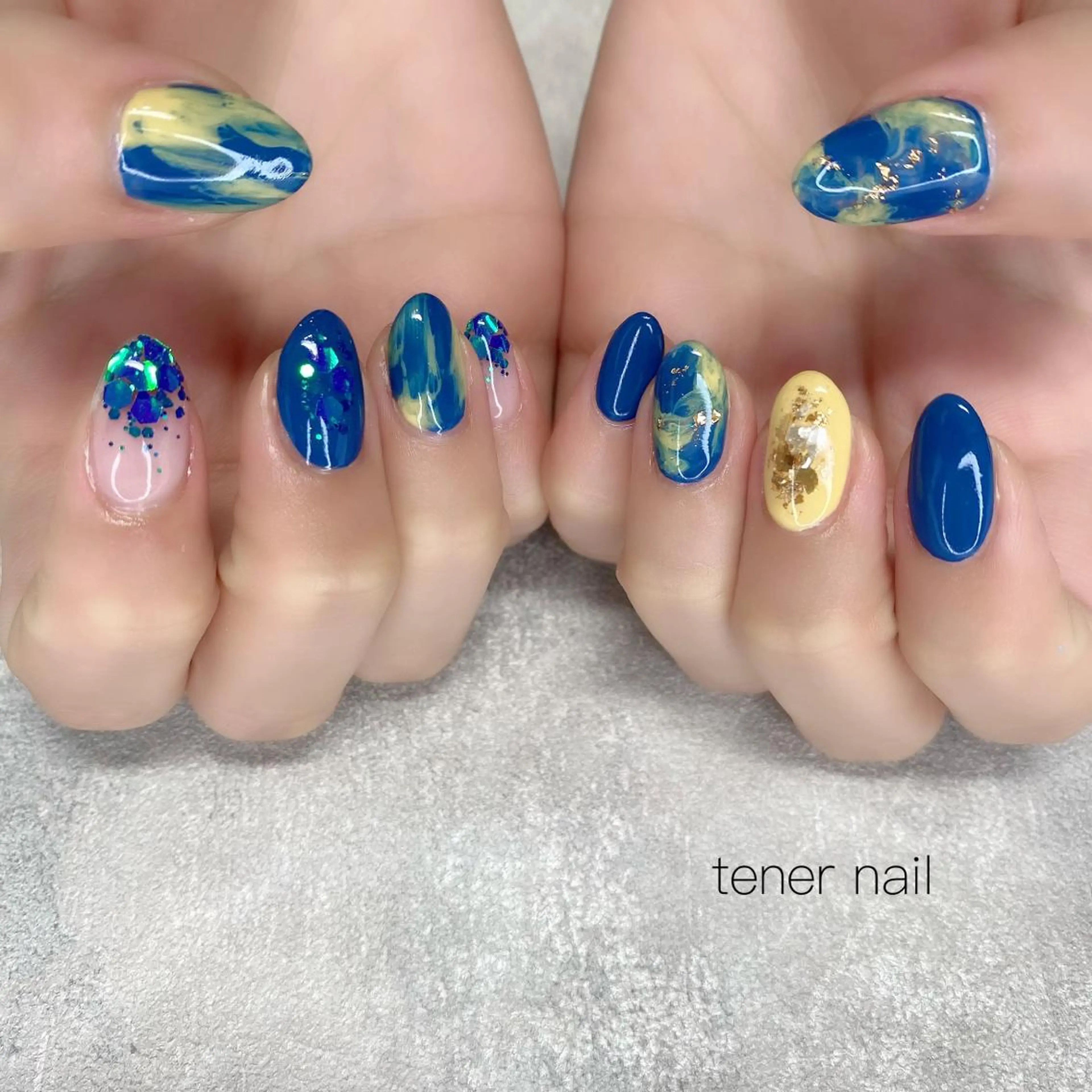 ネイル ブルー 黄色 テネルネイル tener nailのネイルデザイン