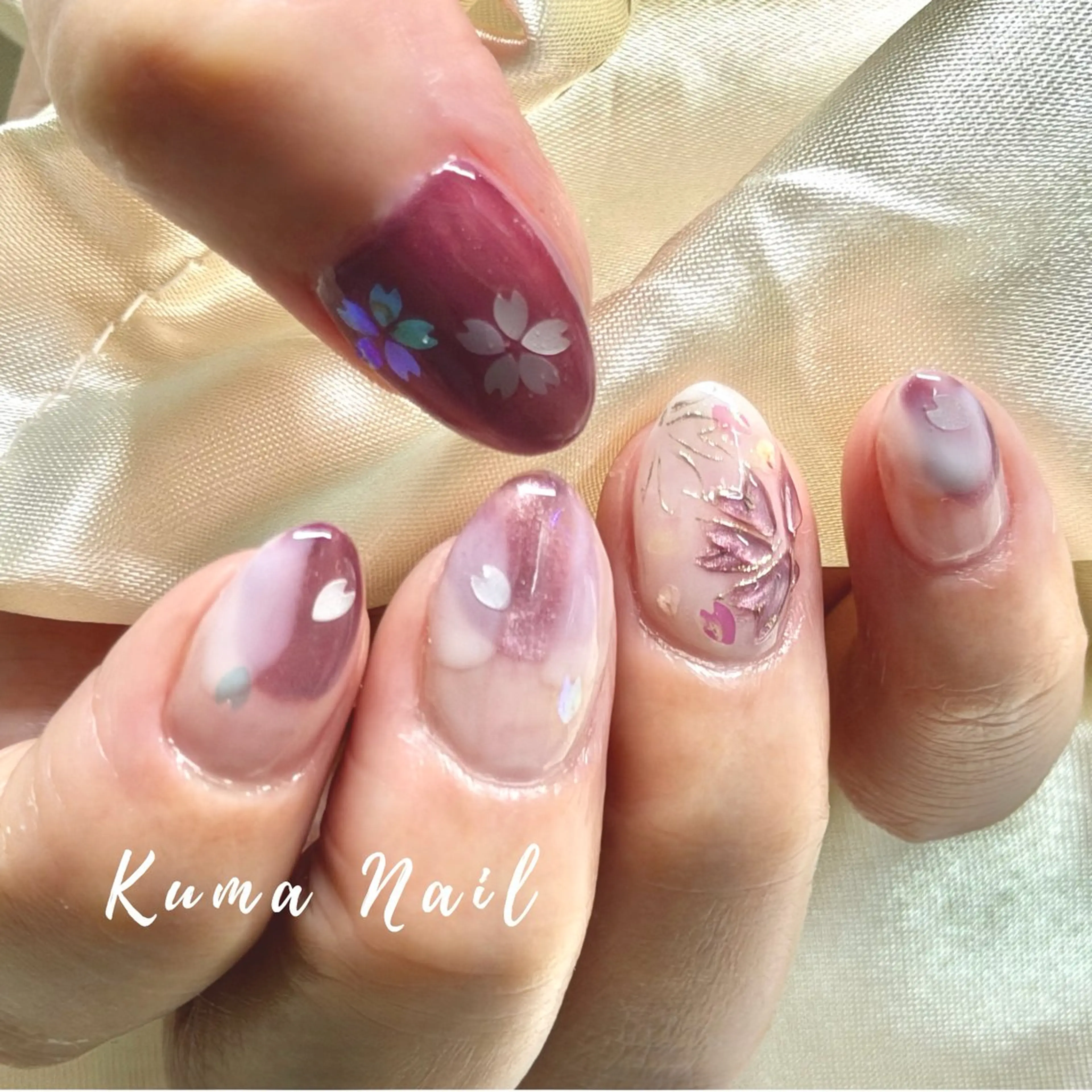 ネイル アートネイル 桜ネイル フラワーネイル マグネットネイル パープル ハンドネイル 藤が丘ネイル Kuma Nailのネイルデザイン