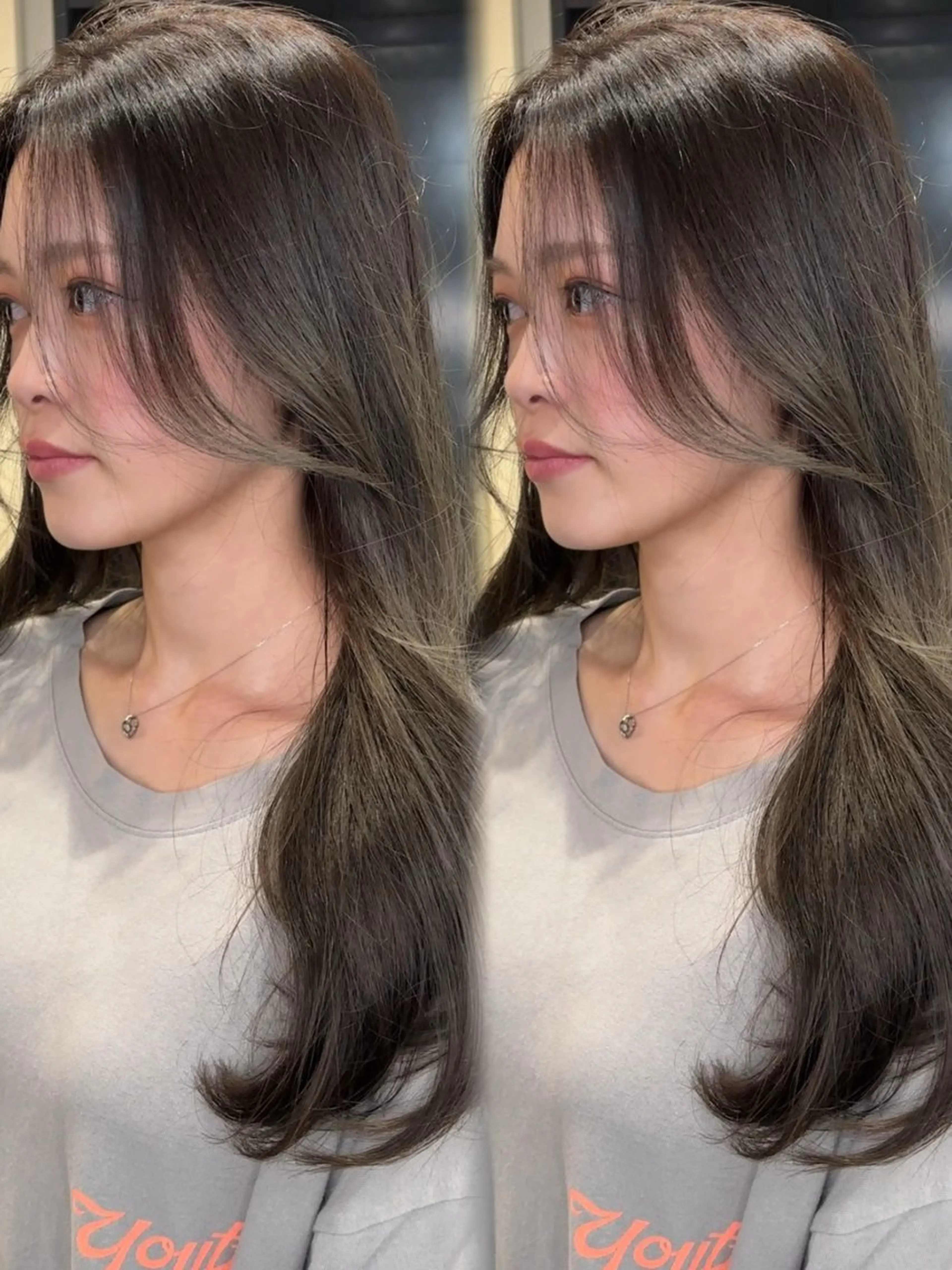 ロング カット ヘアカラー トリートメント 韓国ヘア/ブリーチ無 しWカラー/オリーブのヘアスタイル